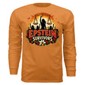 Orange long-sleeve shirt with bold graphic: raised fist, scales, floral border, and 'Epstein Survivors' text.