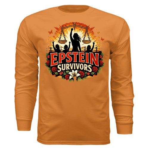 Blooms Of Resilience Epstein Survivor graphic long sleeve shirt with silhouetted protesters, scales, and red roses.