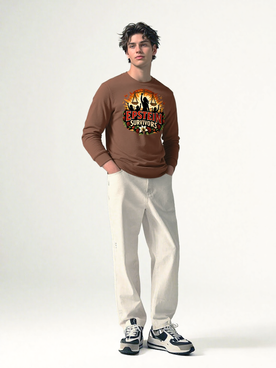 Blooms Of Resilience Epstein Survivor long sleeve shirt featuring a vivid bloom motif and survivor affirmation.