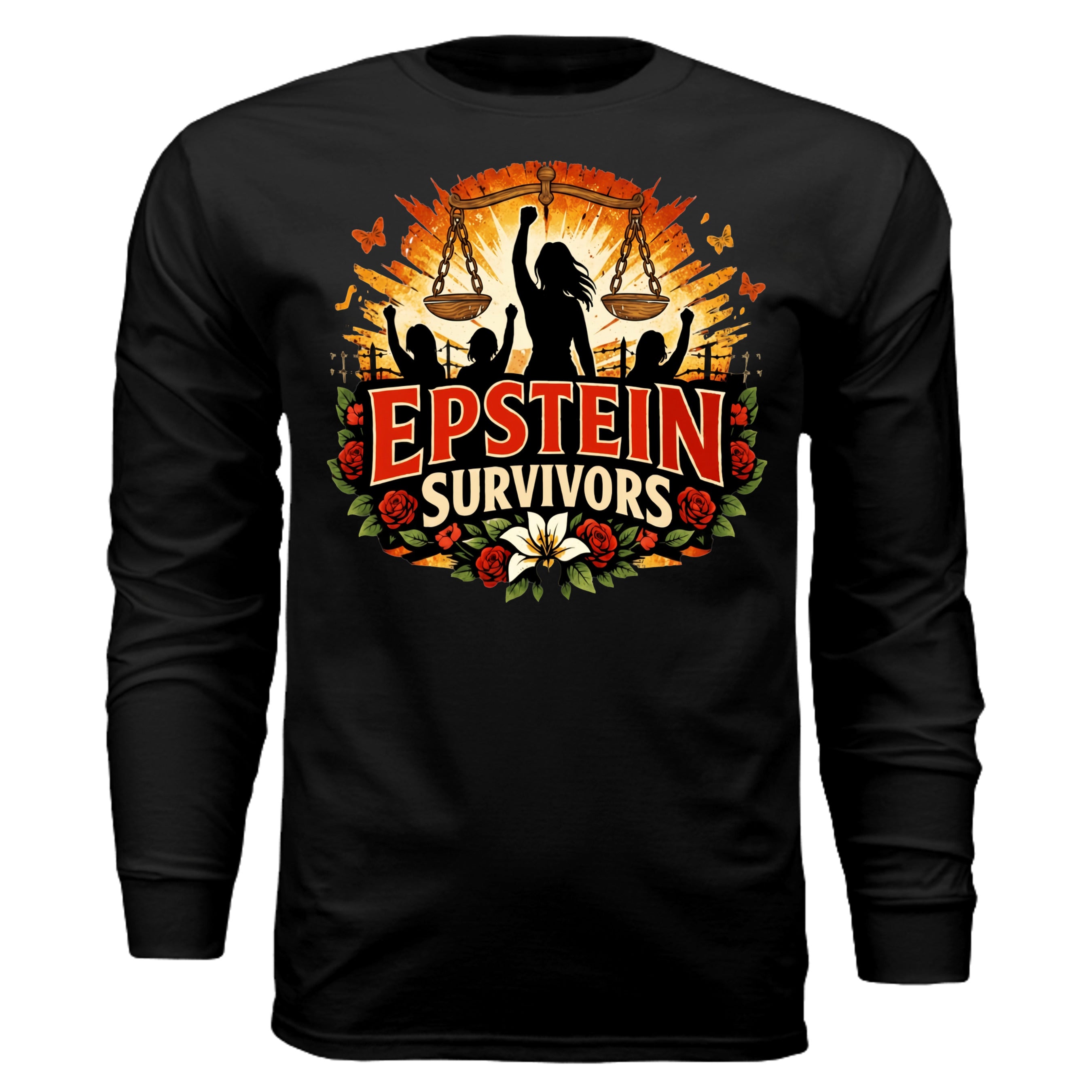 Blooms Of Resilience Epstein Survivor graphic on black long-sleeve shirt with floral border.