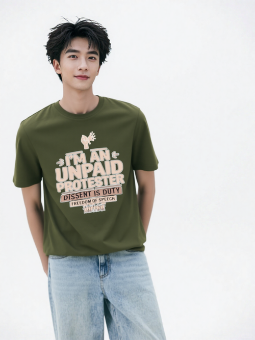 Model wearing olive-green Unpaid Protester tee by Urban Artistic Threads with bold typography and activist icon.