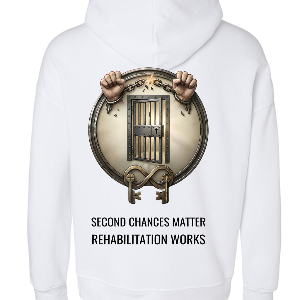 White hoodie with Second Chances Matter prison reform message for everyday comfort and hope.