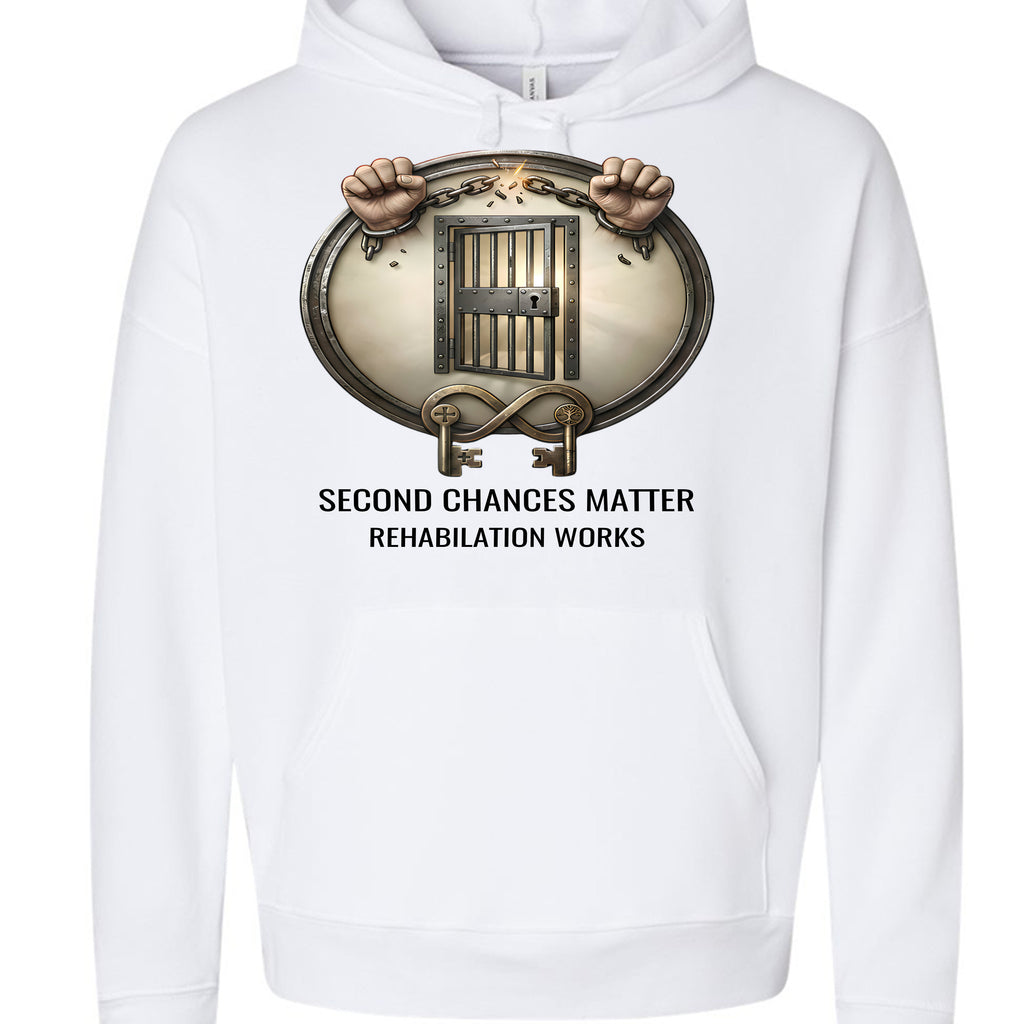 White hoodie with a circular emblem showing jail door, chained hands, and keys promoting Second Chances Matter.