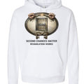 White hoodie with a circular emblem showing jail door, chained hands, and keys promoting Second Chances Matter.