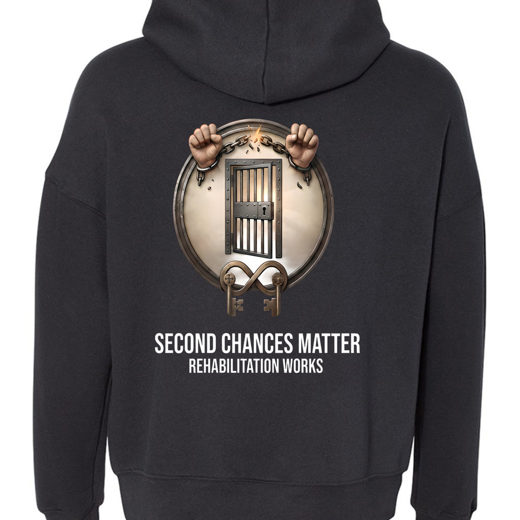 Black Second Chances Matter Rehabilitation Hoodie with circular jail-door emblem and bold white text.