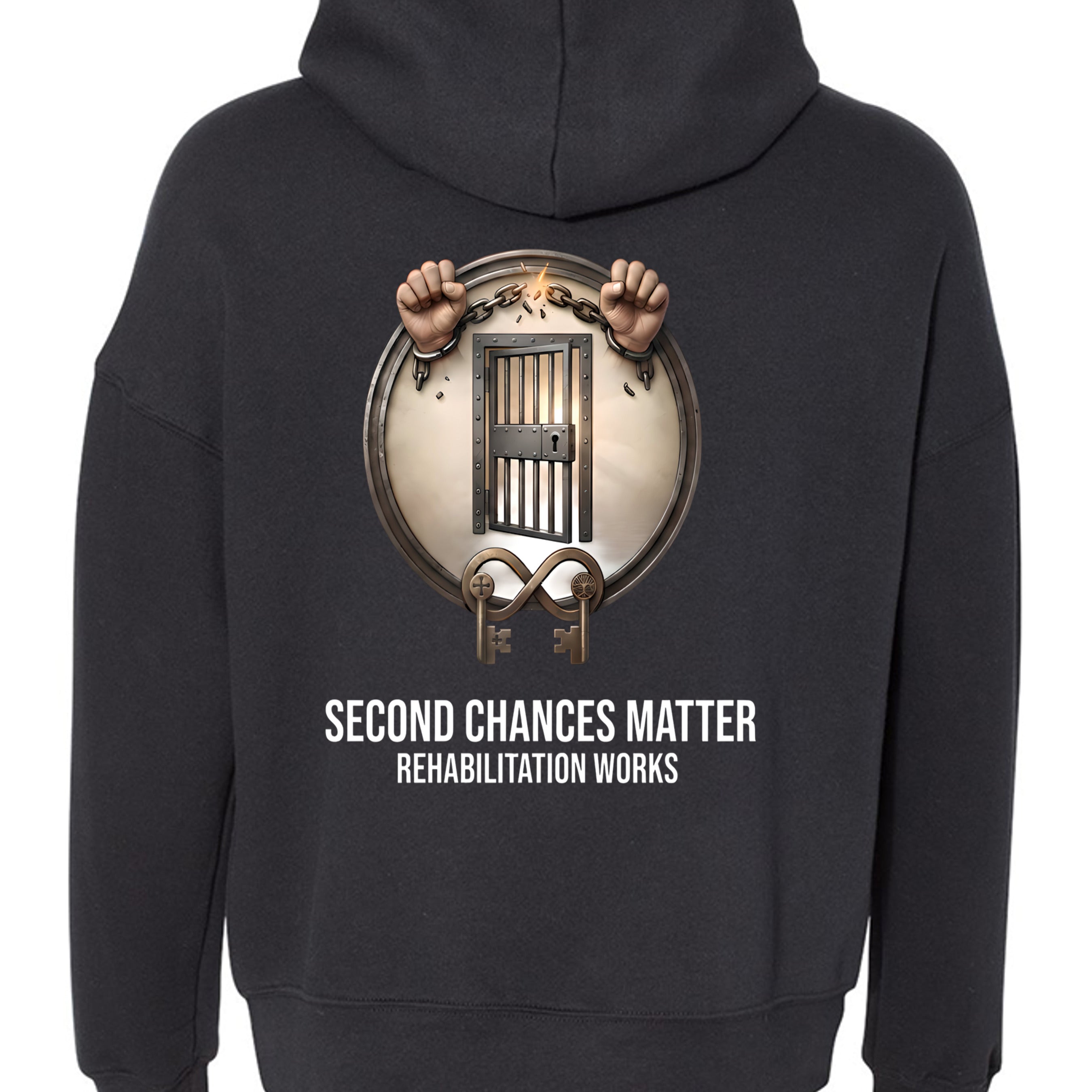 Black Second Chances Matter Rehabilitation Hoodie with circular jail-door emblem and bold white text.