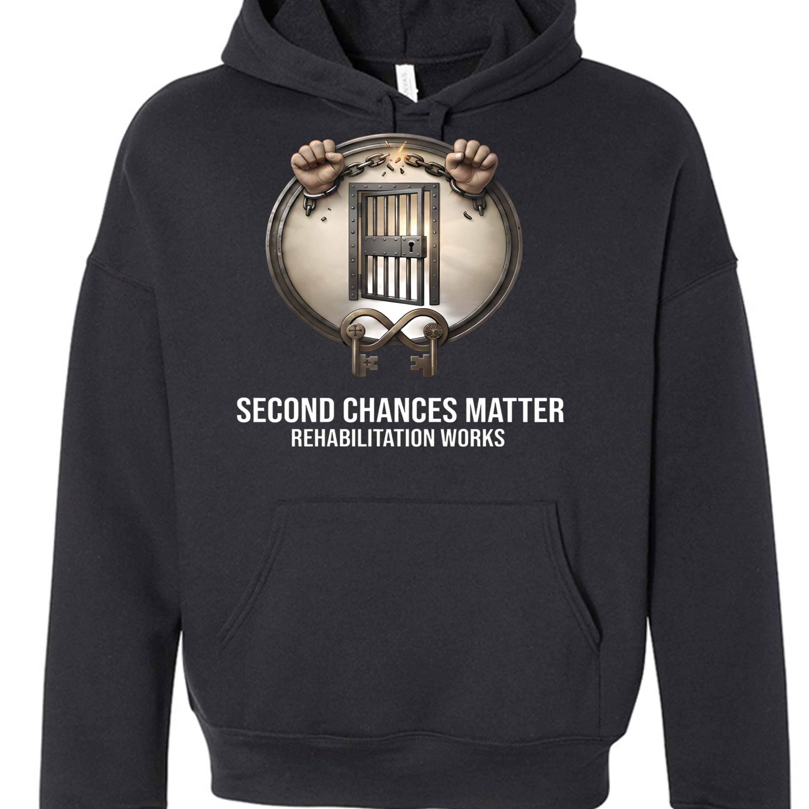 Black hoodie with circular badge showing hands breaking chains and prison bars; Second Chances Matter.