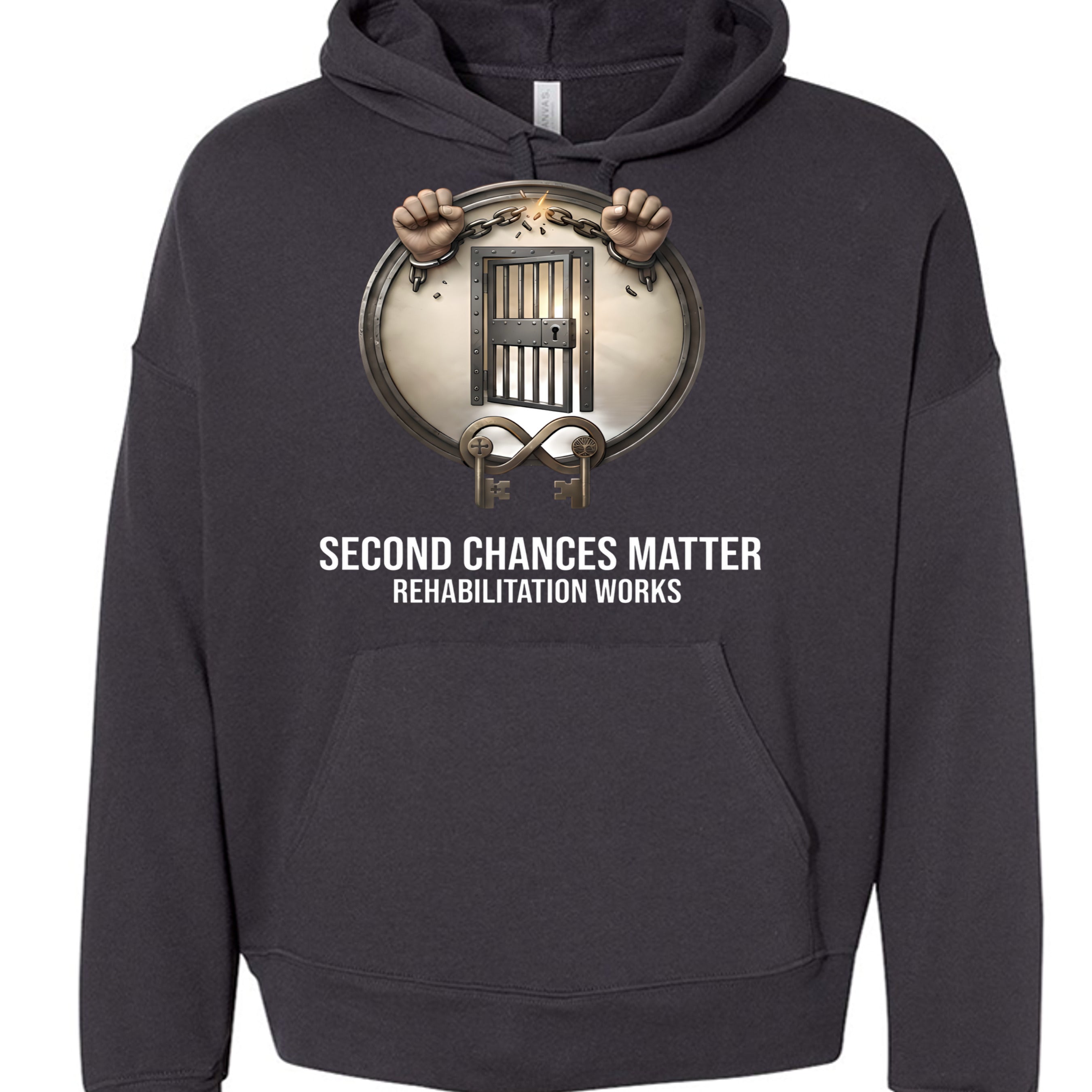 Second Chances Matter Rehabilitation Hoodie; unisex sponge fleece pullover with circular logo of hands and jail door.
