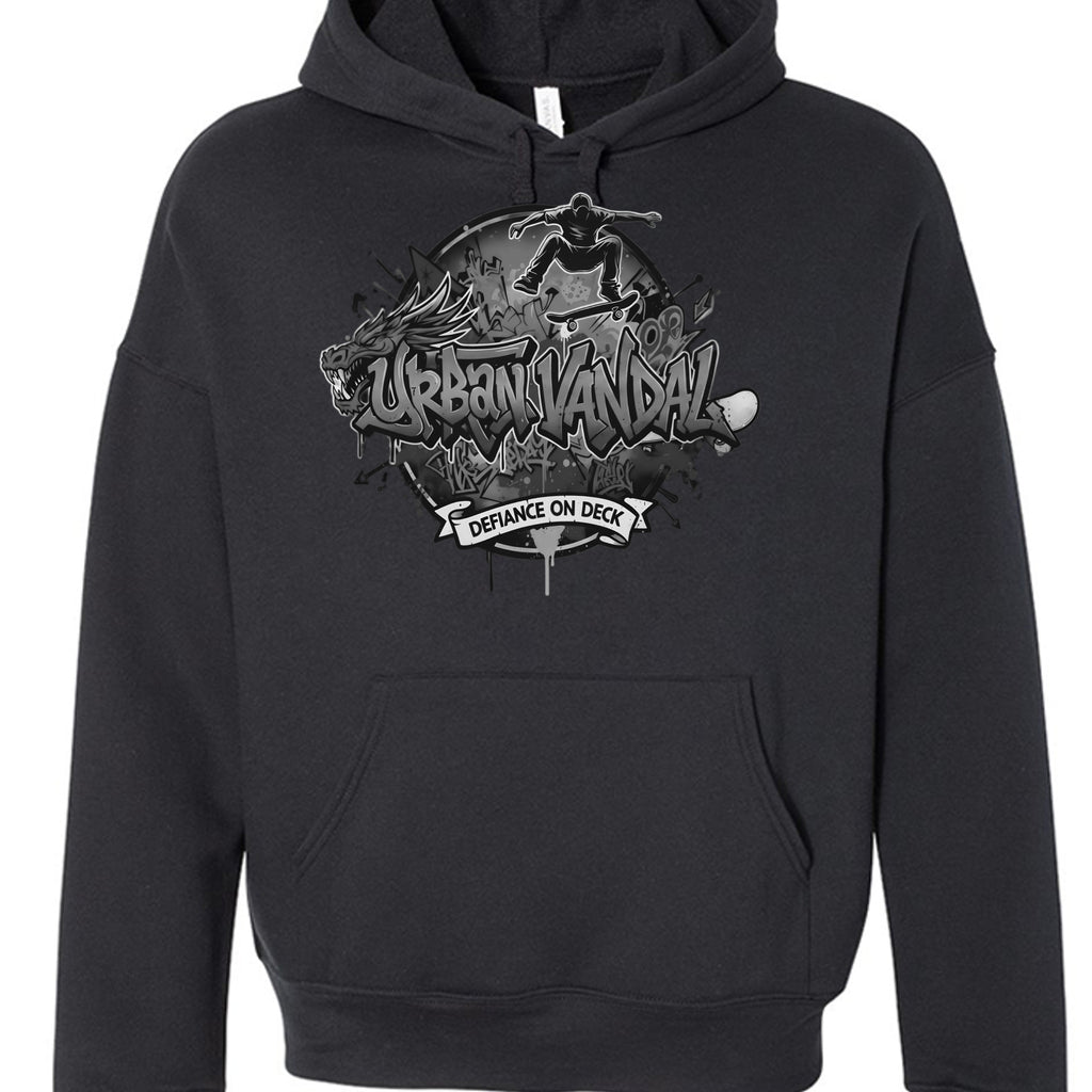 Urban Vandel: Defiance On Deck hoodie in black and gray with graffiti-style logo and skateboarder graphic.