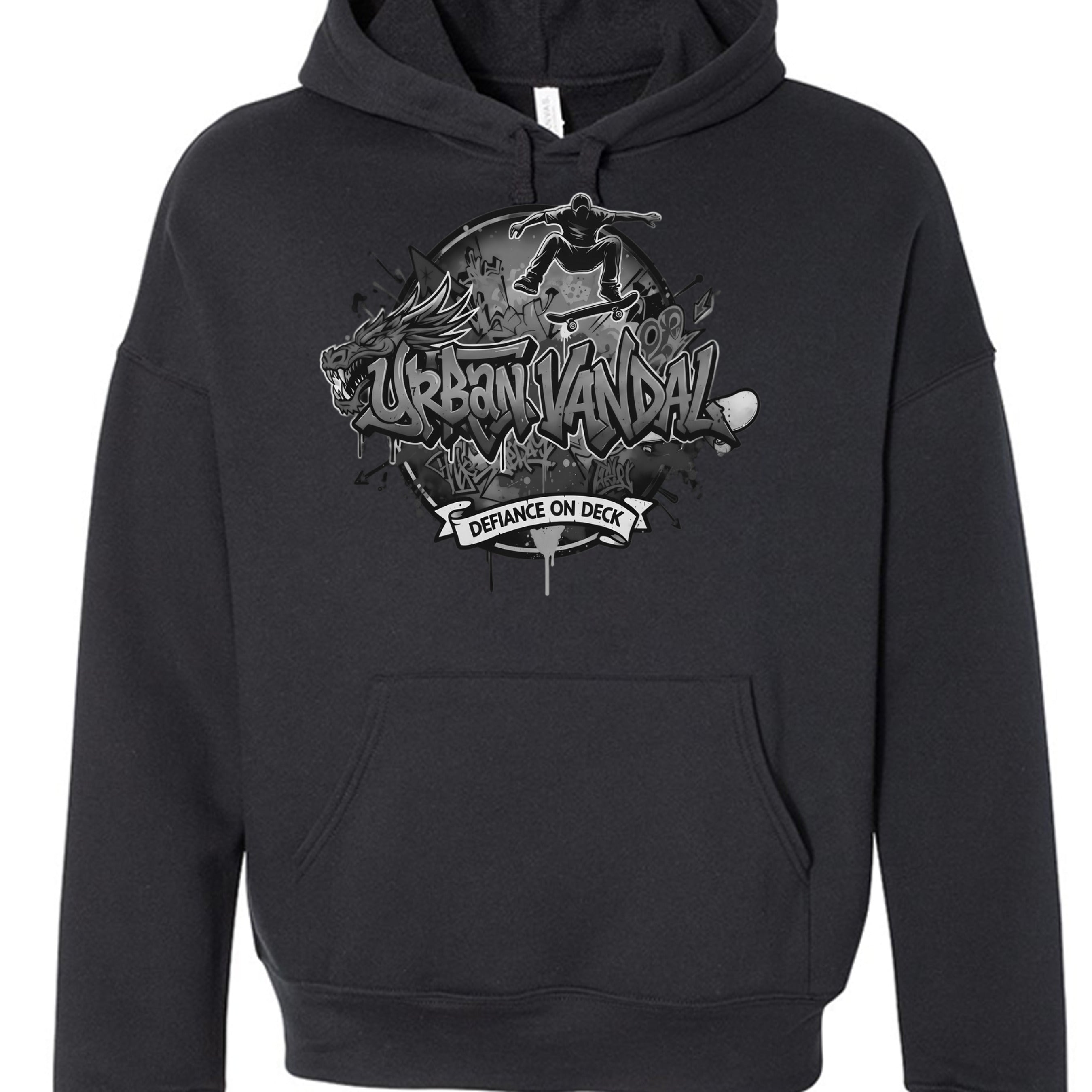 Urban Vandel: Defiance On Deck hoodie in black and gray with graffiti-style logo and skateboarder graphic.