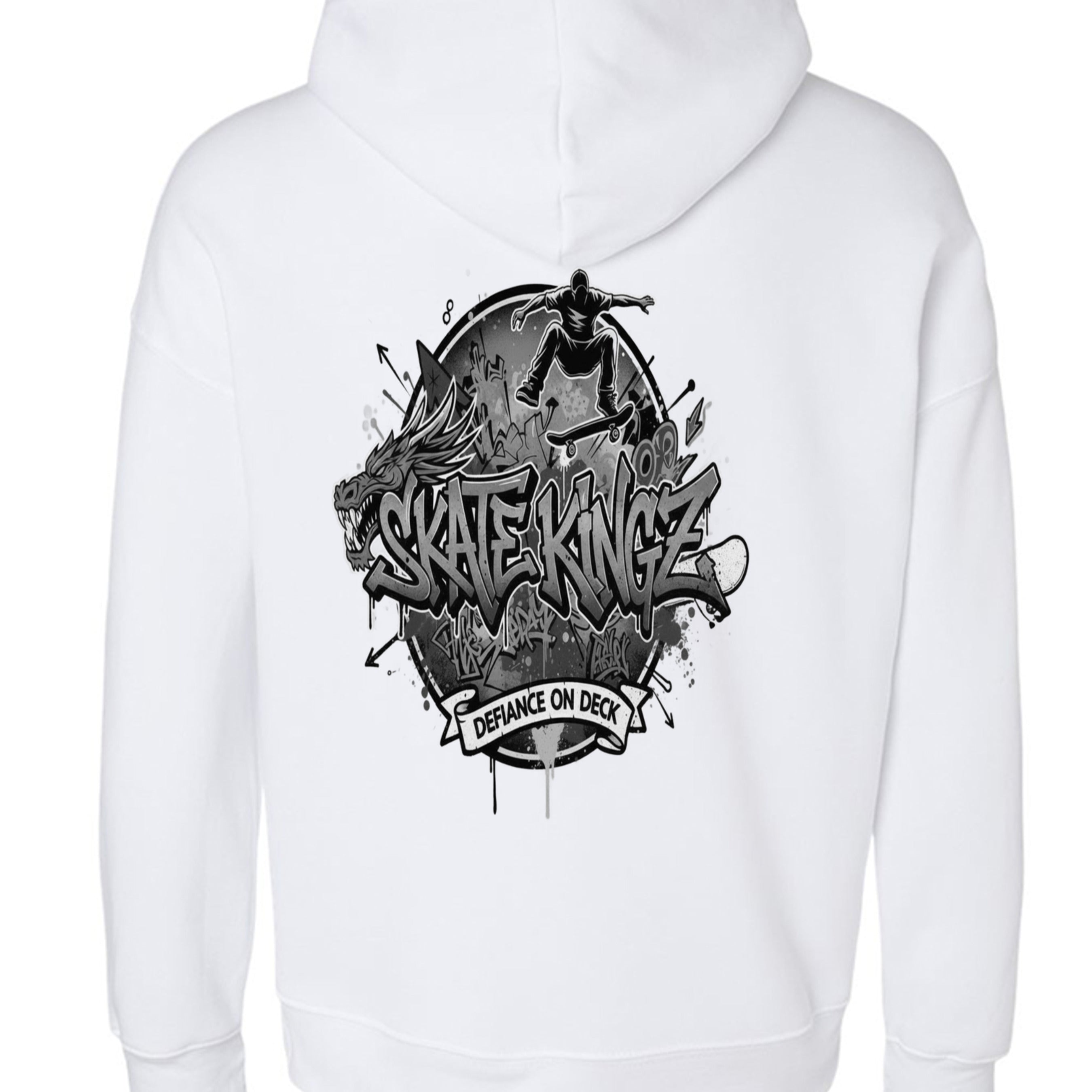 Skatekingz white hoodie with bold black-and-white skateboard graphic on back.