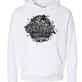 White hoodie featuring a bold Skatekingz black-and-gray graphic with a skateboarder silhouette and graffiti lettering.