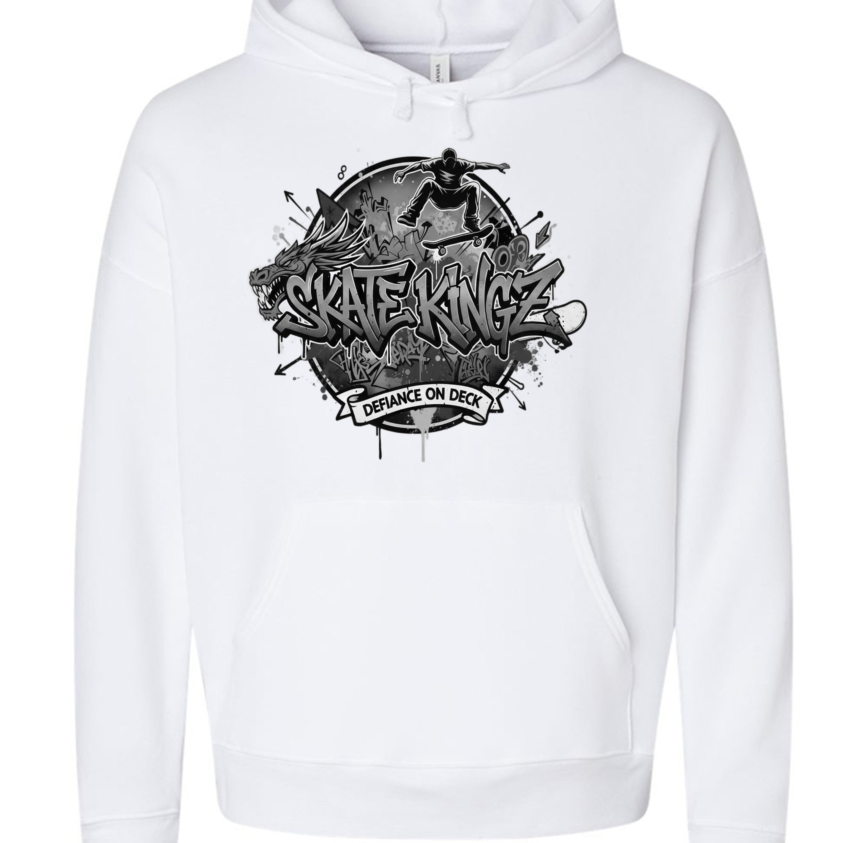 White hoodie featuring a bold Skatekingz black-and-gray graphic with a skateboarder silhouette and graffiti lettering.