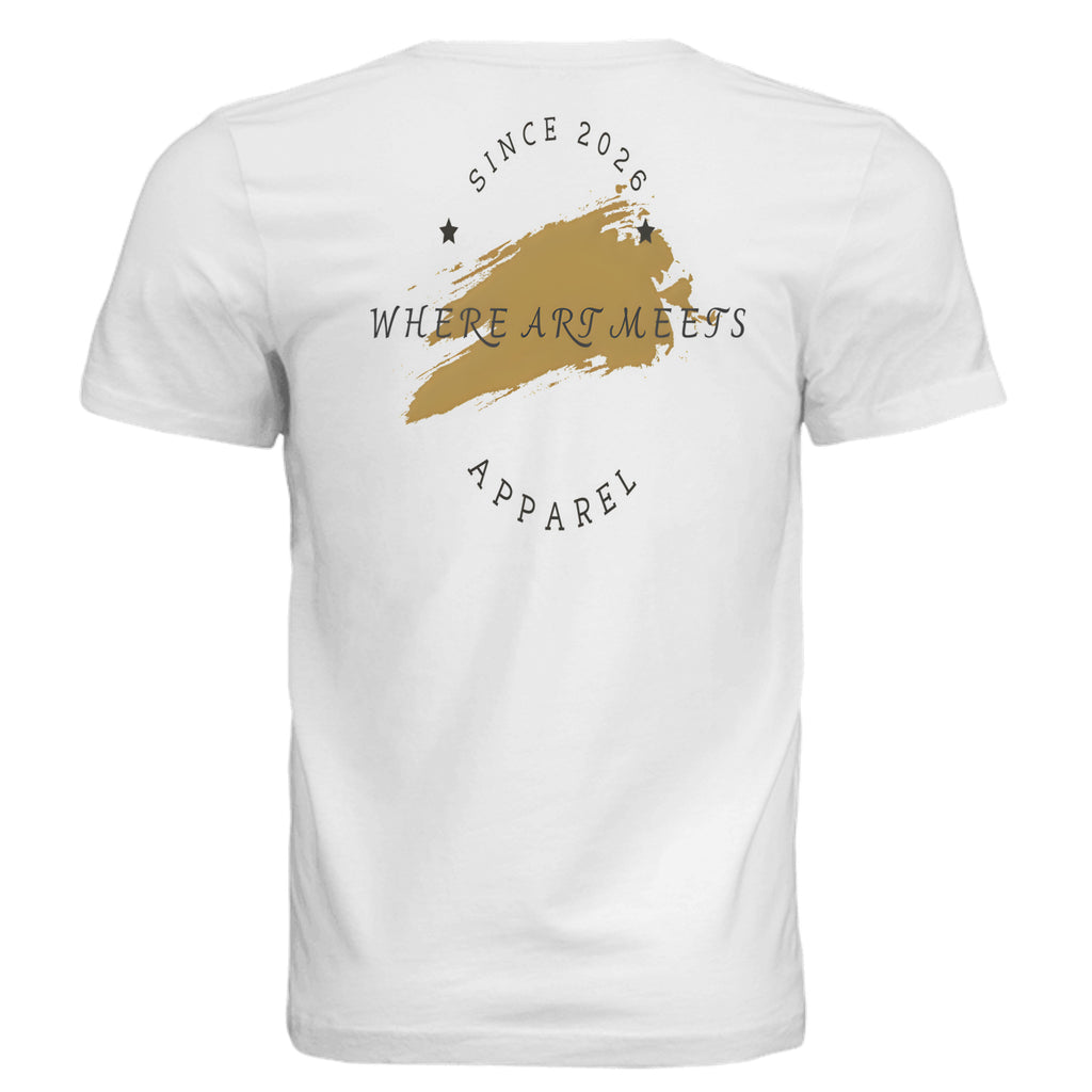 Urban Artistic Signature Tee on white, features 2026 paint-stroke emblem and gold brush stroke circle.