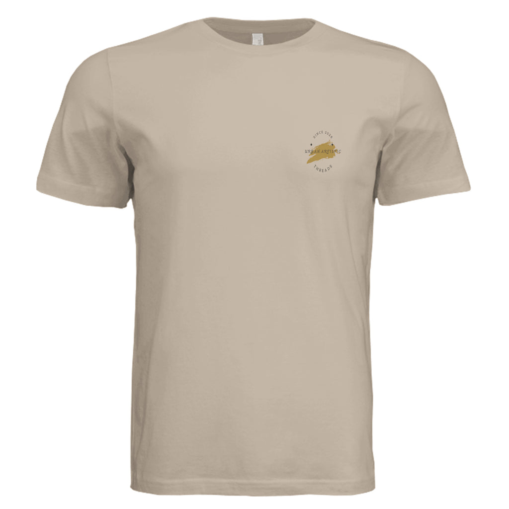 Urban Artistic Signature Logo Tee in beige with a 2026 paint-stroke emblem on the left chest.