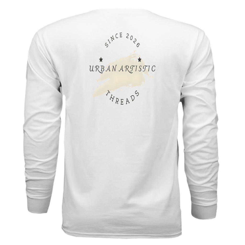 Back view of white Urban Artistic Threads Signature Logo Long Sleeve Tee with beige brush stroke.