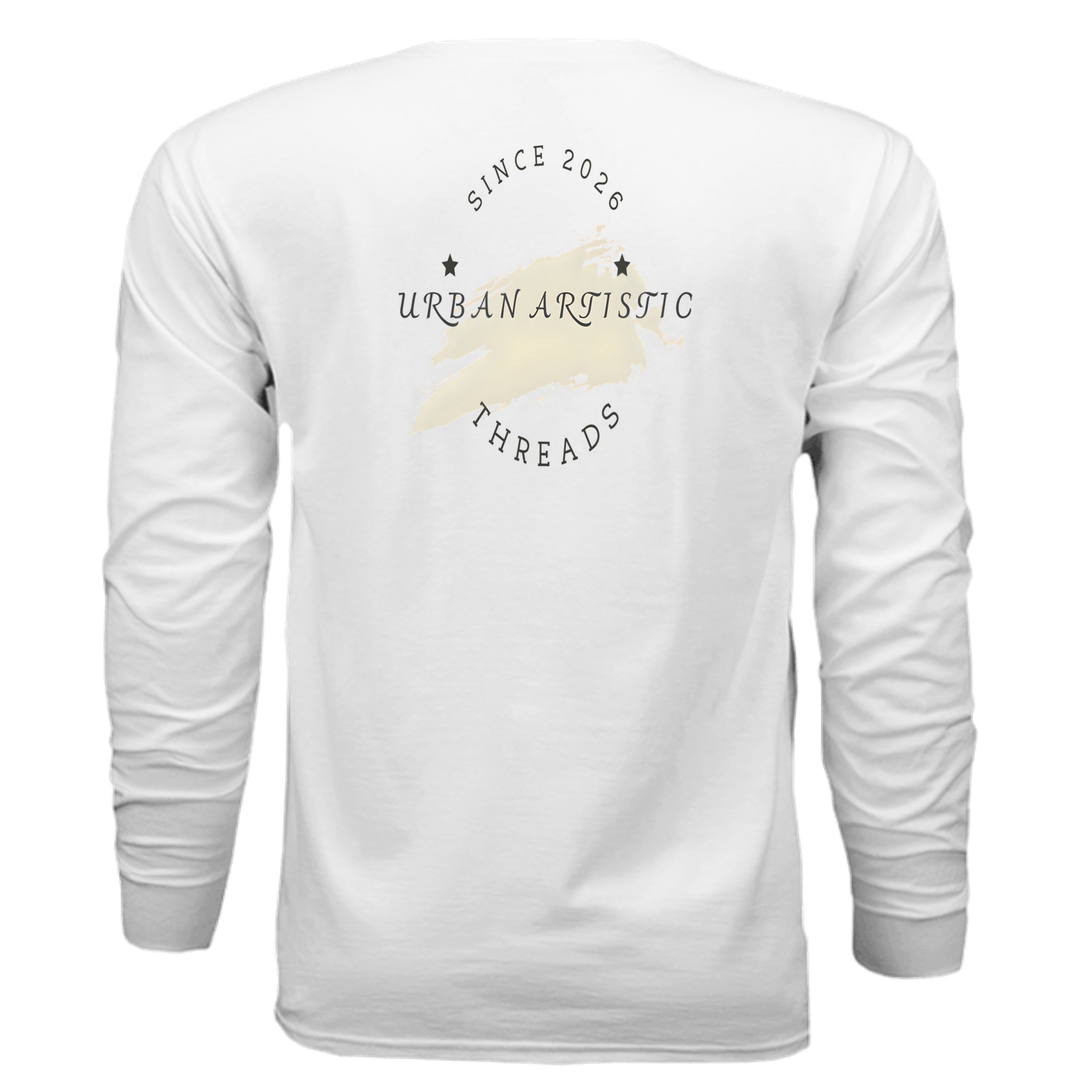 Back view of white Urban Artistic Threads Signature Logo Long Sleeve Tee with beige brush stroke.