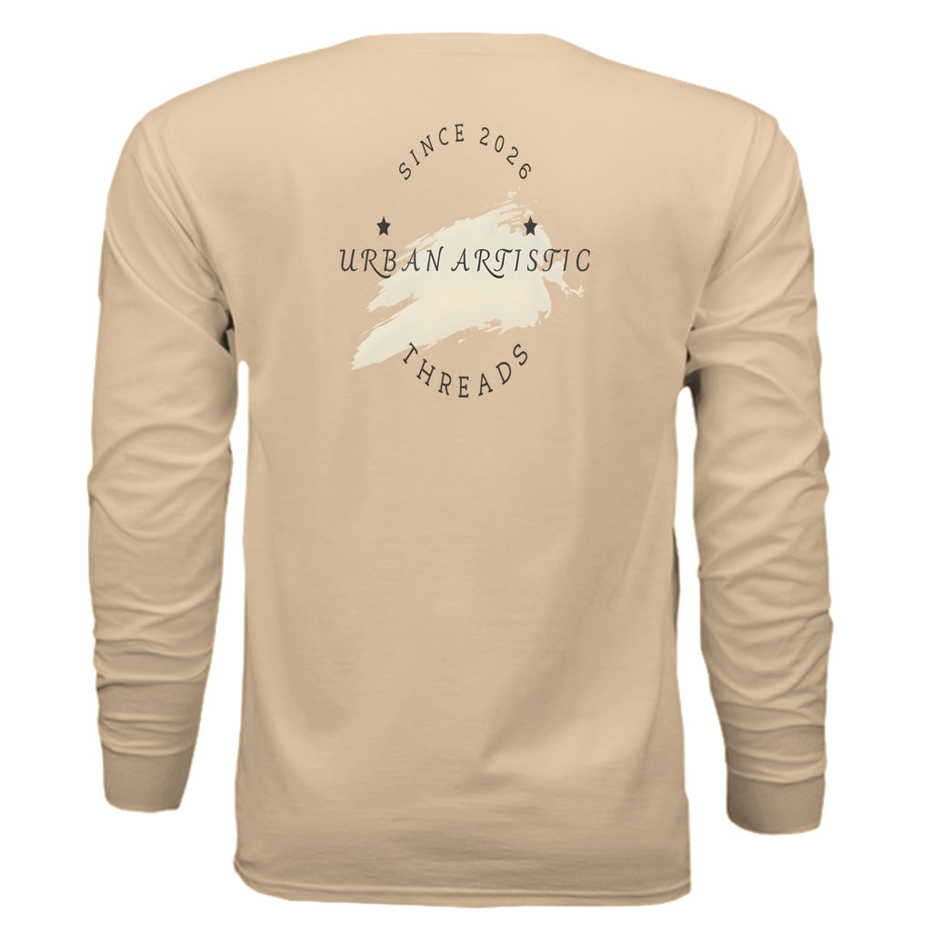 Beige Urban Artistic Threads: Signature Logo Long Sleeve Tee with circular logo and brush-stroke backdrop on back.