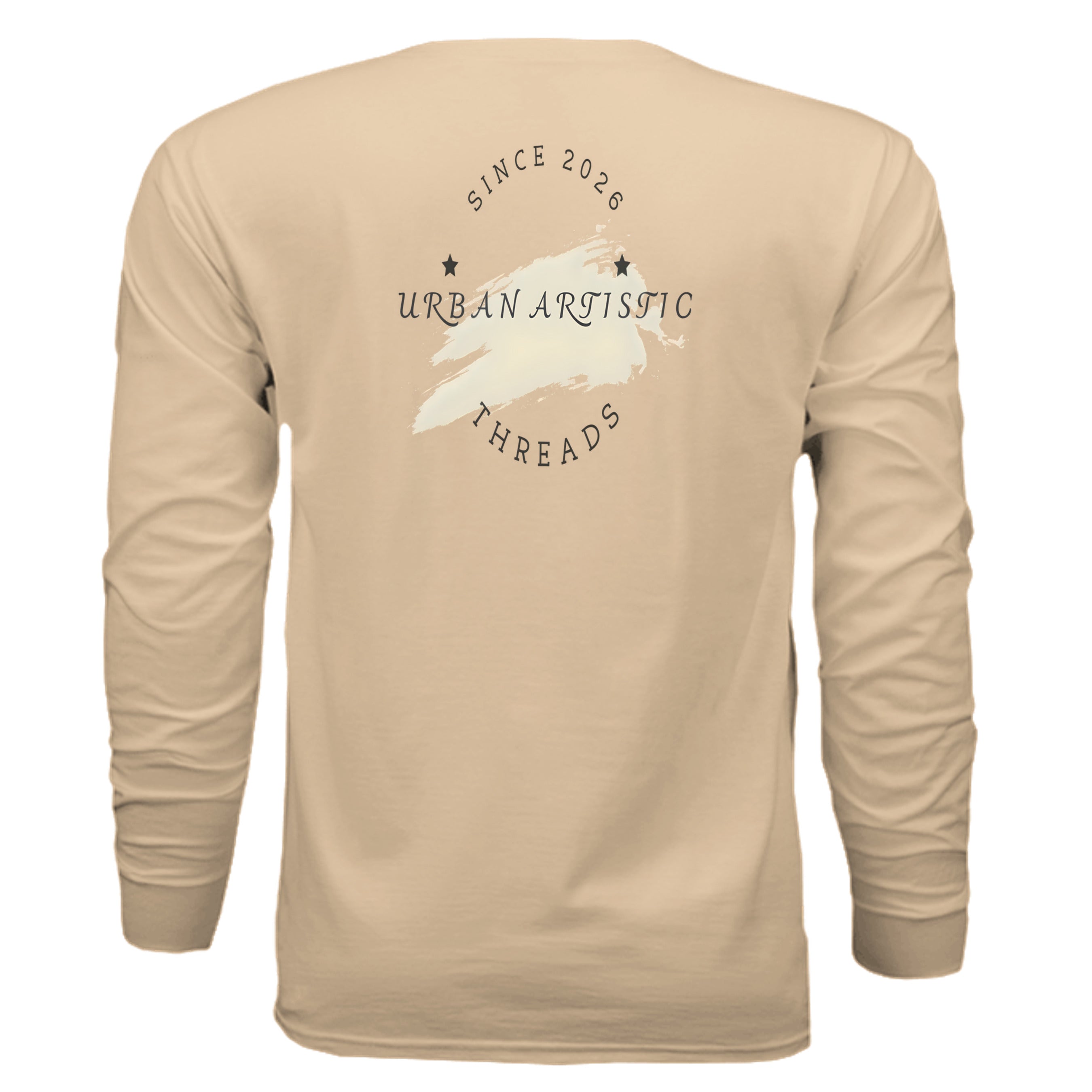 Beige Urban Artistic Threads: Signature Logo Long Sleeve Tee with circular logo and brush-stroke backdrop on back.