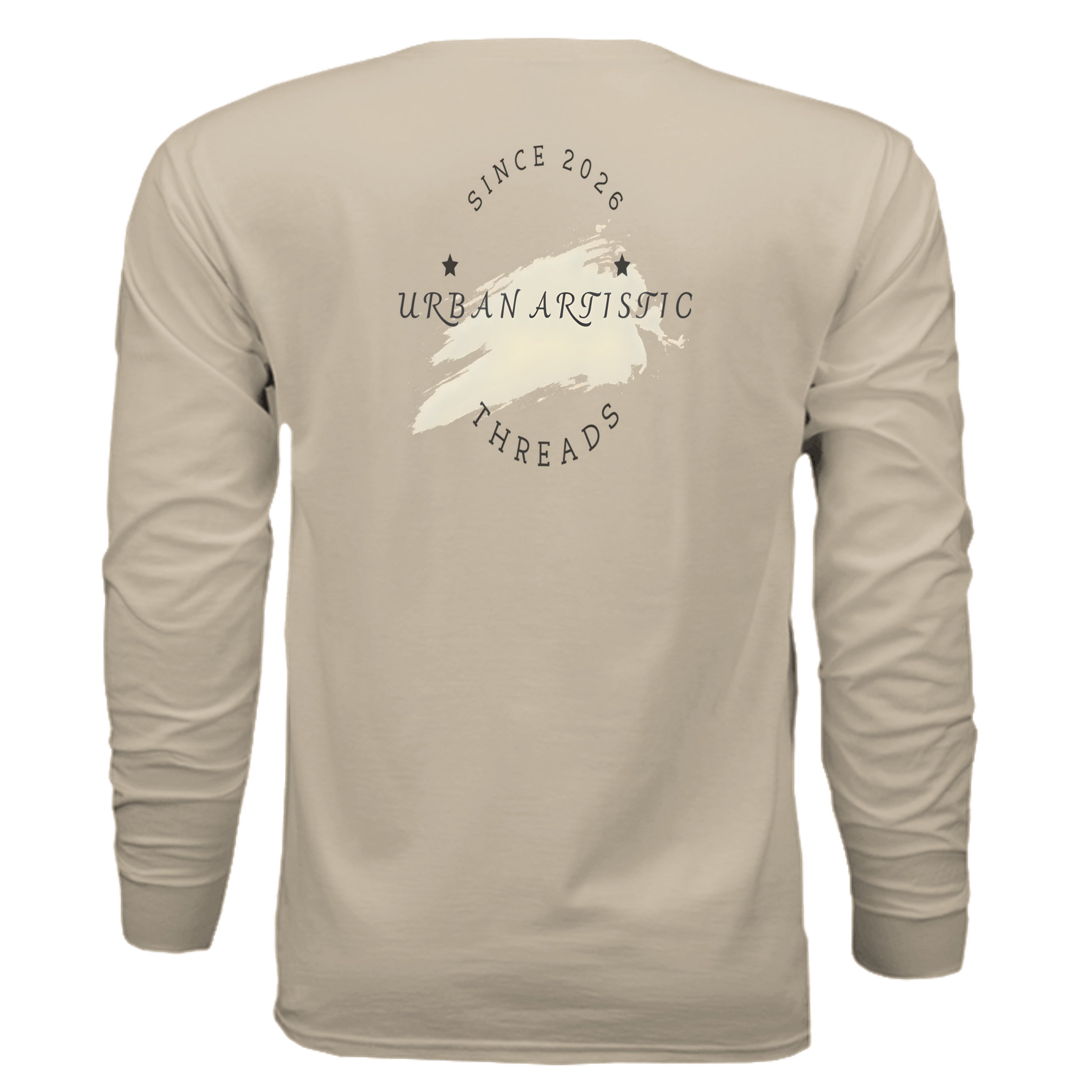 Beige long-sleeve tee back featuring Urban Artistic Threads circular logo with brush stroke and stars.