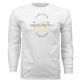 Urban Artistic Threads: Signature Logo Long Sleeve Tee on white featuring circular text and beige brush-stroke design.