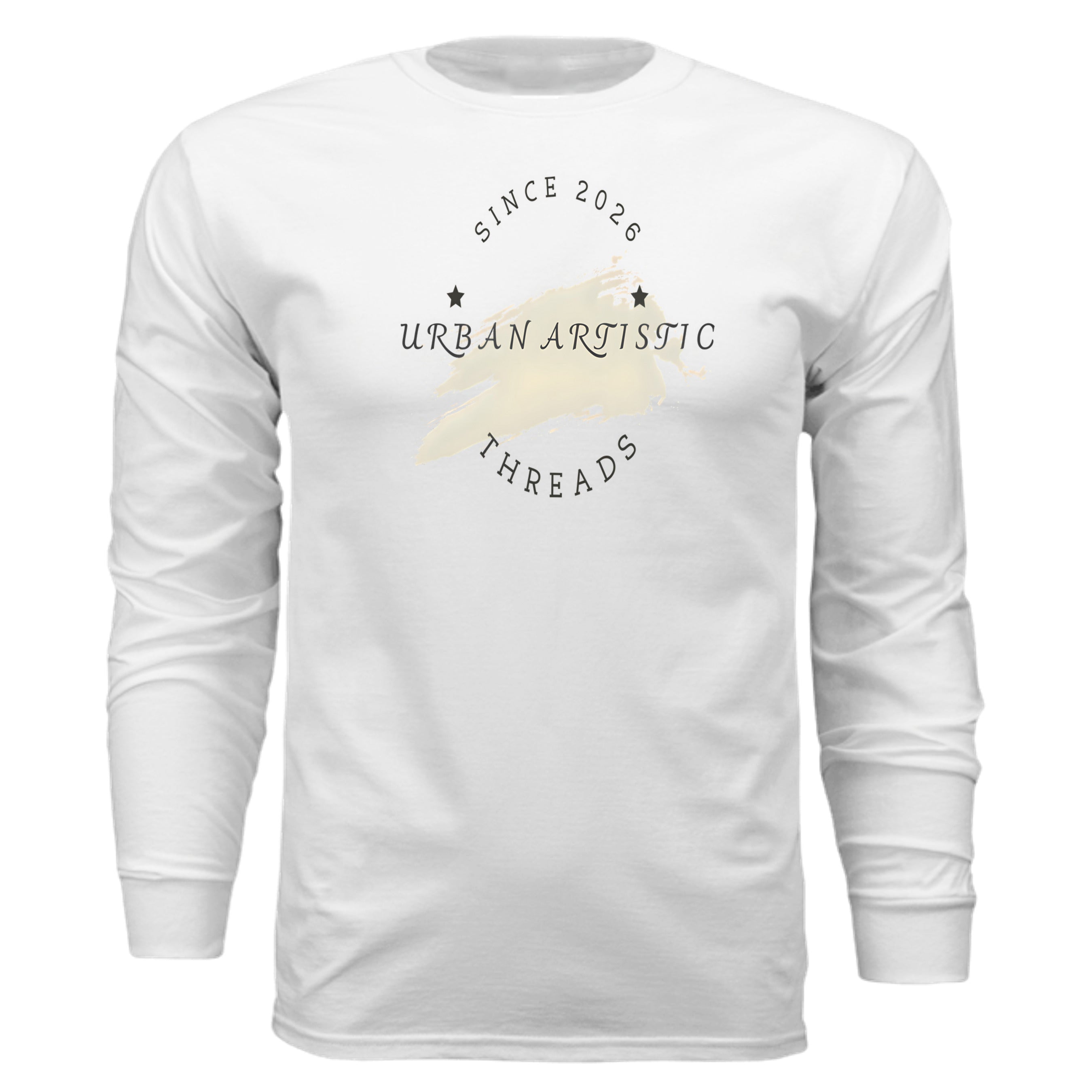 Urban Artistic Threads: Signature Logo Long Sleeve Tee on white featuring circular text and beige brush-stroke design.
