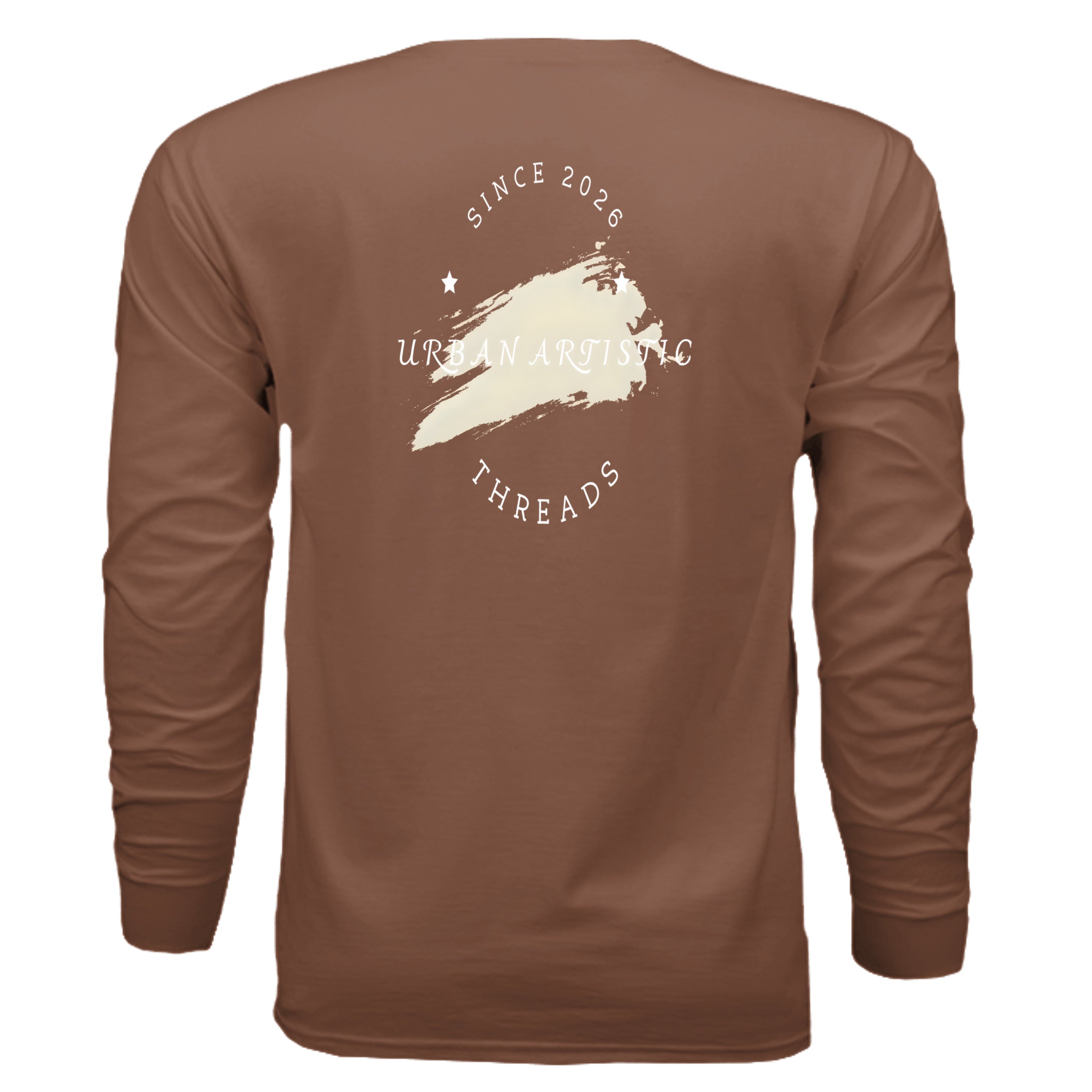 Brown long-sleeve tee back graphic with cream brush stroke and circular Since 2026 Urban Artistic Threads.