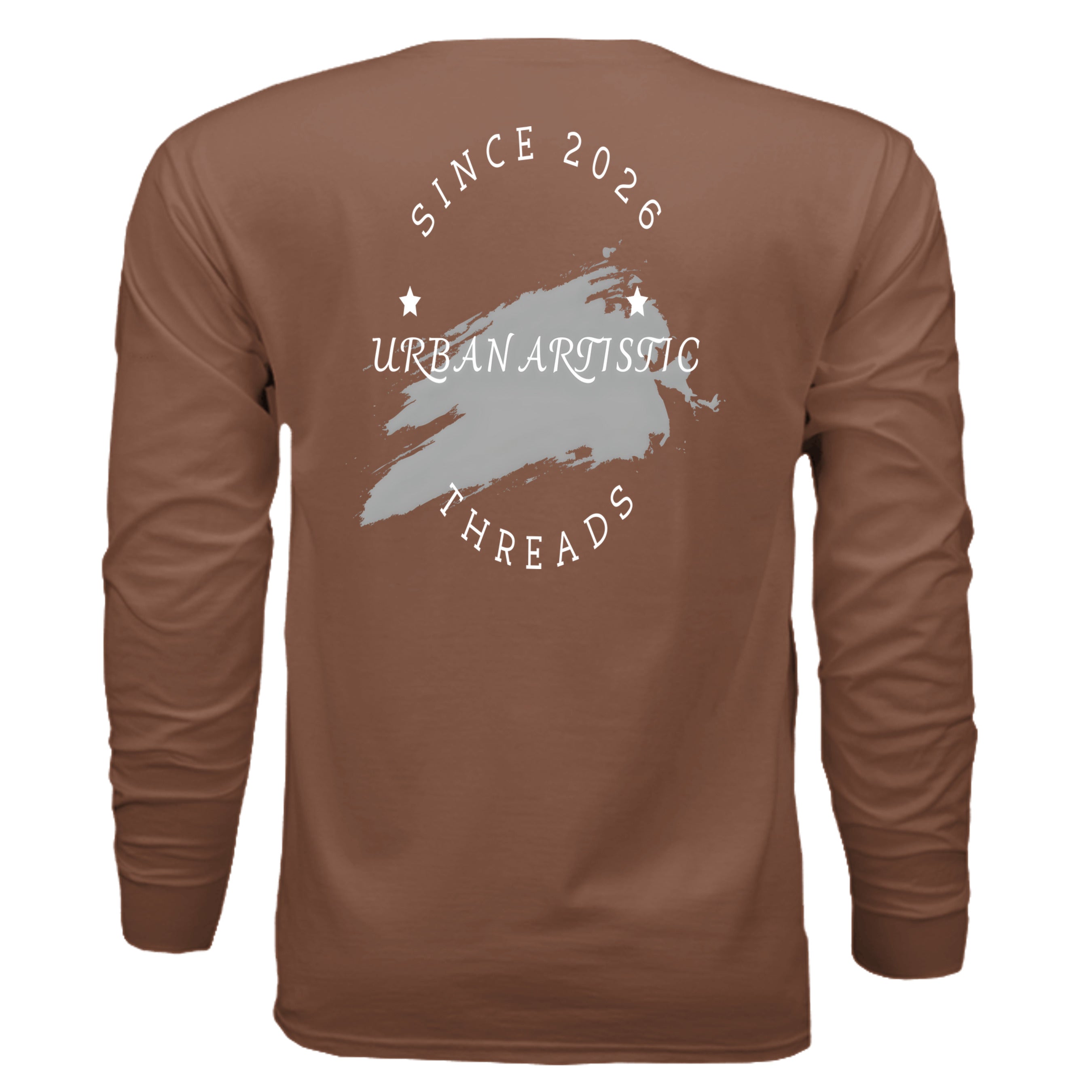 Brown long-sleeve tee with white circular Urban Artistic Threads signature logo and brush-stroke globe.