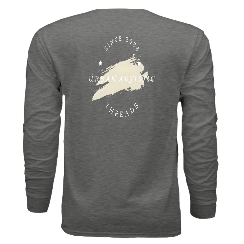 Grey heather long-sleeve tee with white circular Urban Artistic Threads logo and beige brushstroke on back.
