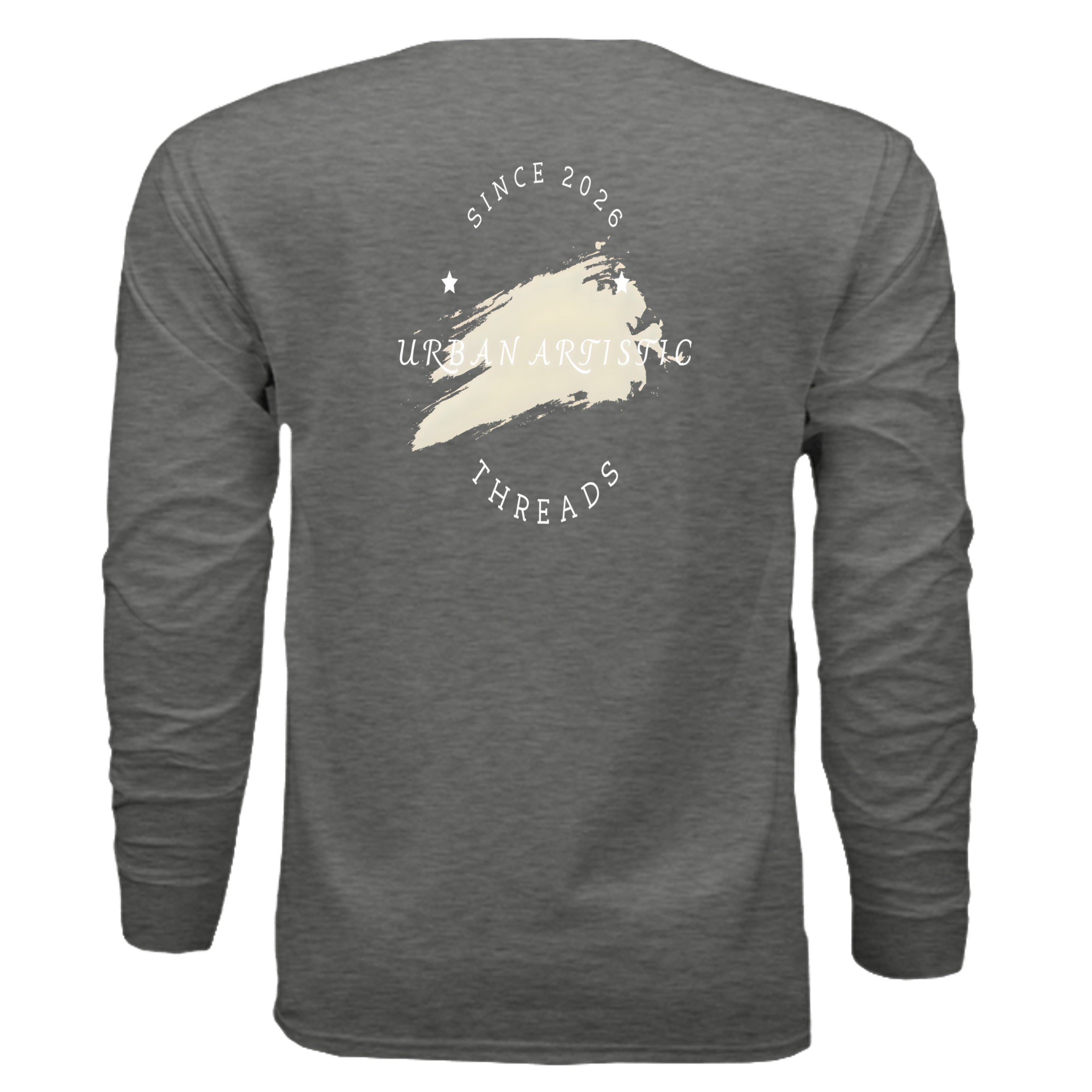 Grey heather long-sleeve tee with white circular Urban Artistic Threads logo and beige brushstroke on back.
