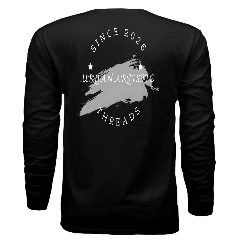 Urban Artistic Threads signature logo long sleeve tee, black back with white circular text and brush stroke.