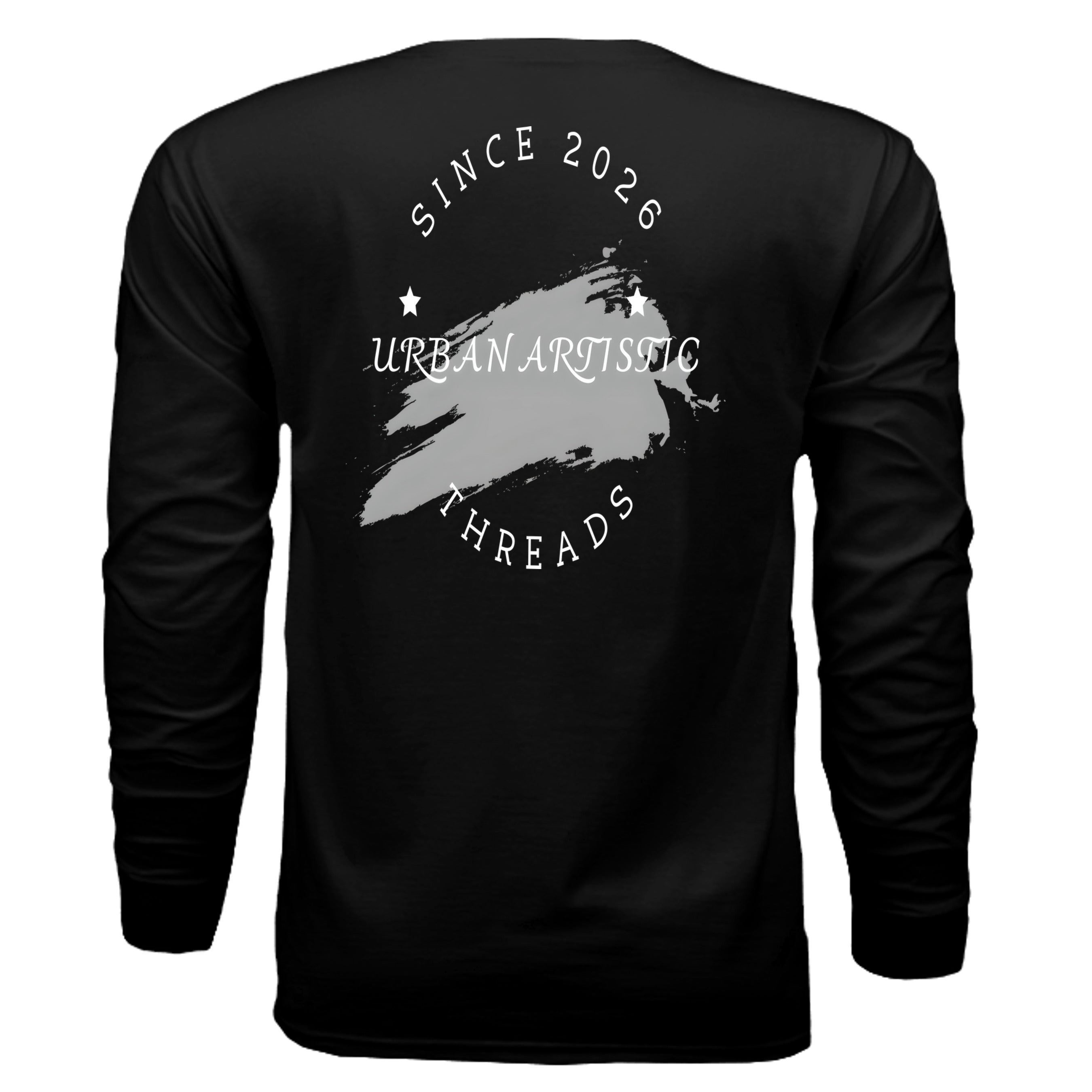 Urban Artistic Threads signature logo long sleeve tee, black back with white circular text and brush stroke.