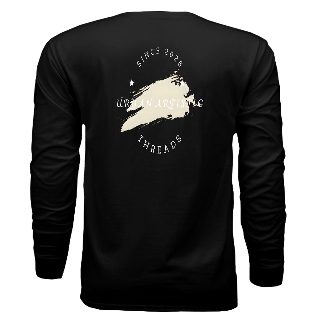 Urban Artistic Threads signature logo, white text, circular emblem with brushstroke design on back of black long-sleeve tee.