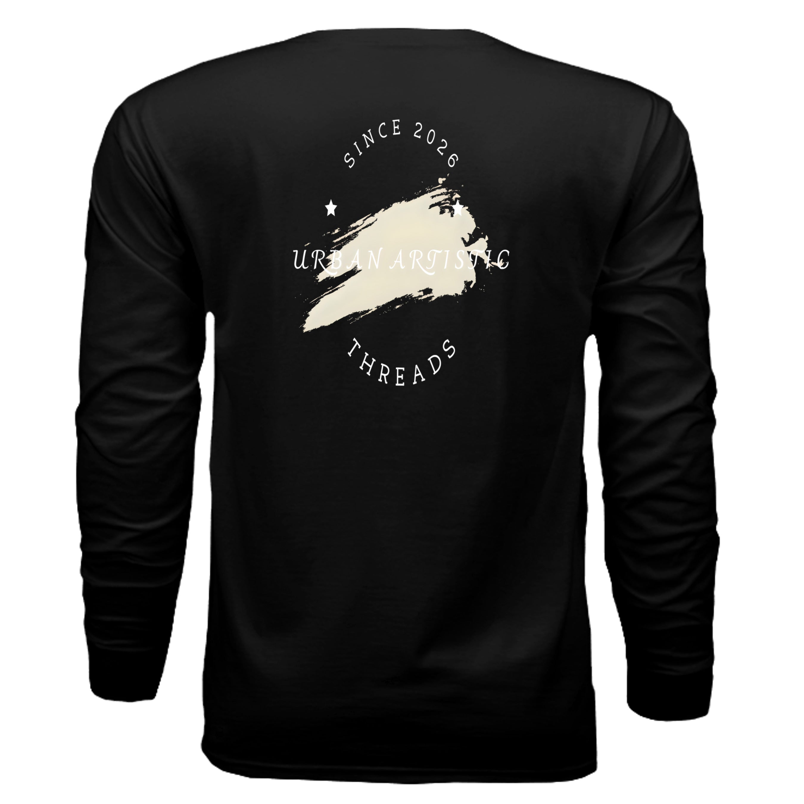 Urban Artistic Threads signature logo, white text, circular emblem with brushstroke design on back of black long-sleeve tee.