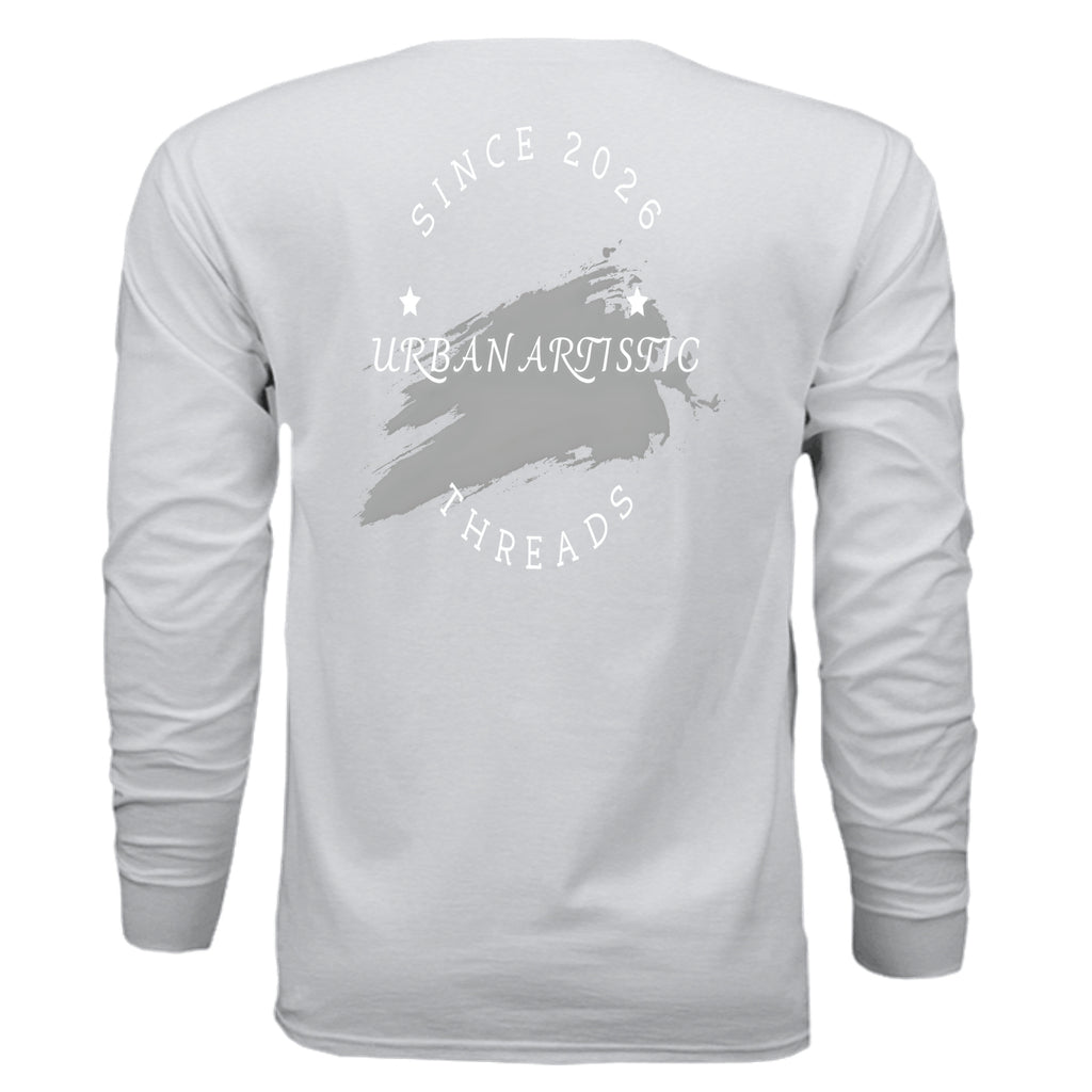 Back view of gray long-sleeve tee with white Urban Artistic Threads circular logo and brush-stroke graphic.