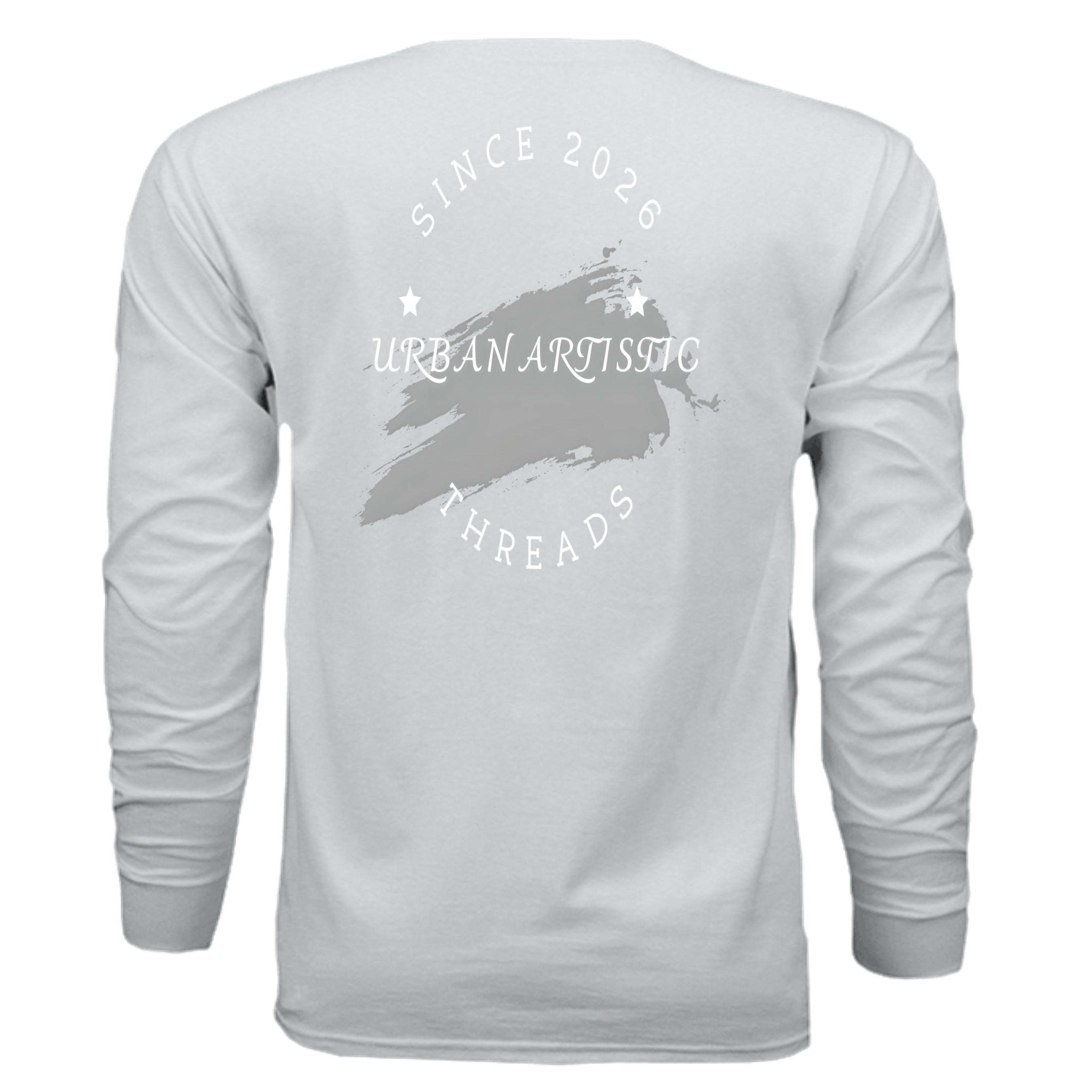 Back view of gray long-sleeve tee with white Urban Artistic Threads circular logo and brush-stroke graphic.