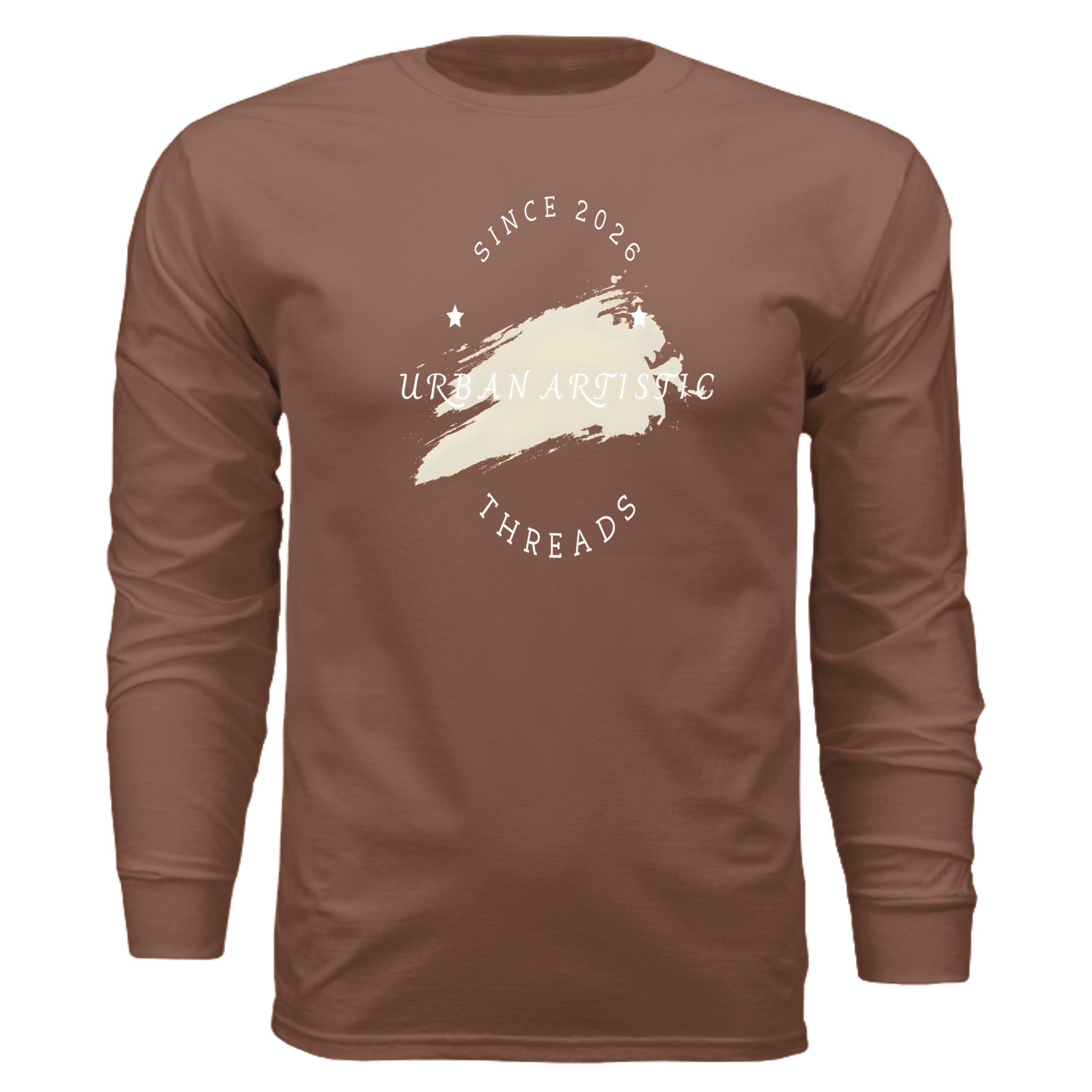 Urban Artistic Threads signature logo long sleeve tee in brown with white text and brush-stroke graphic.