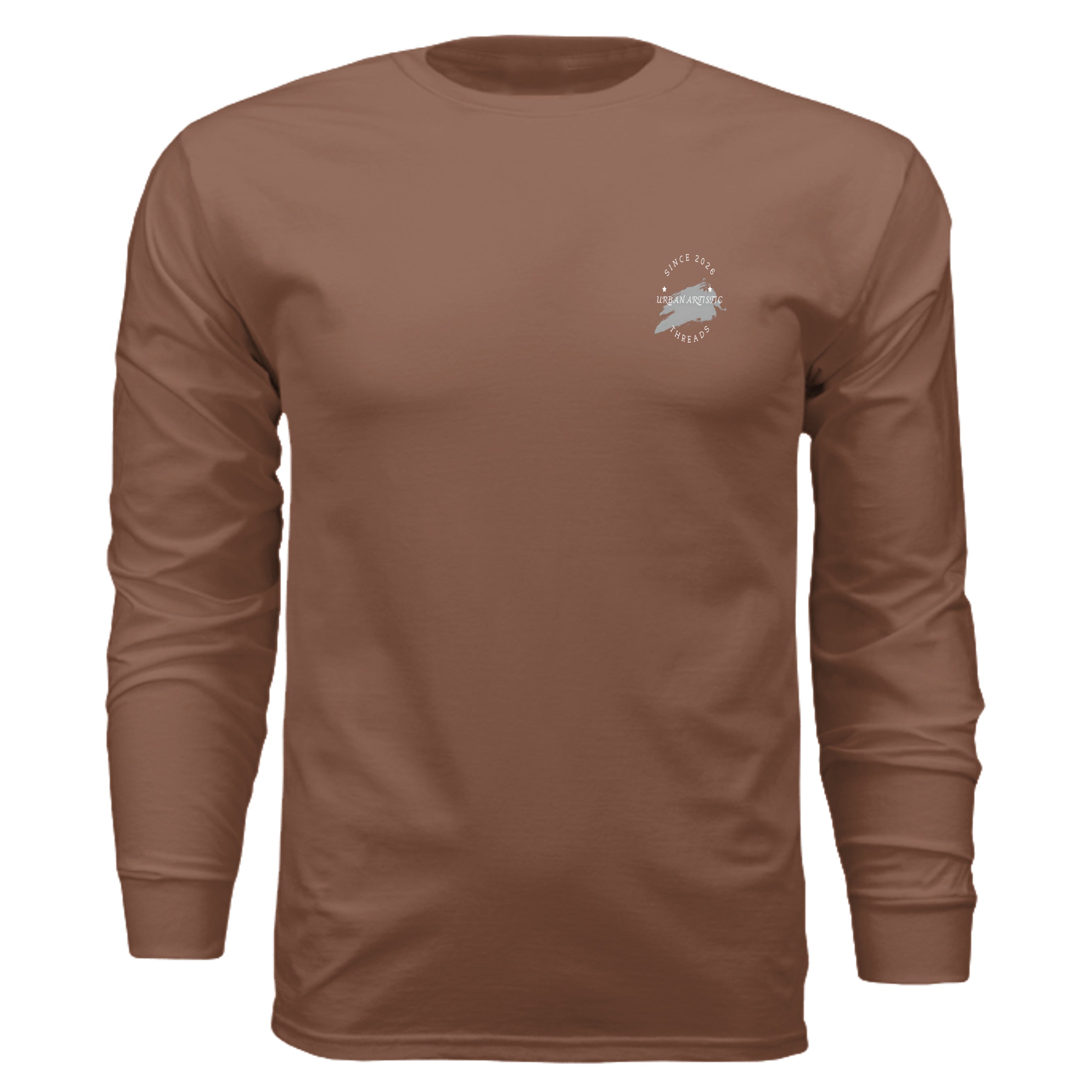 Brown long-sleeve tee with a small white circular chest logo reading Urban Artistic Threads.