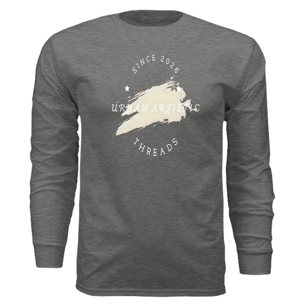 Urban Artistic Threads Foundations long sleeve tee with white signature logo and brush stroke on gray fabric