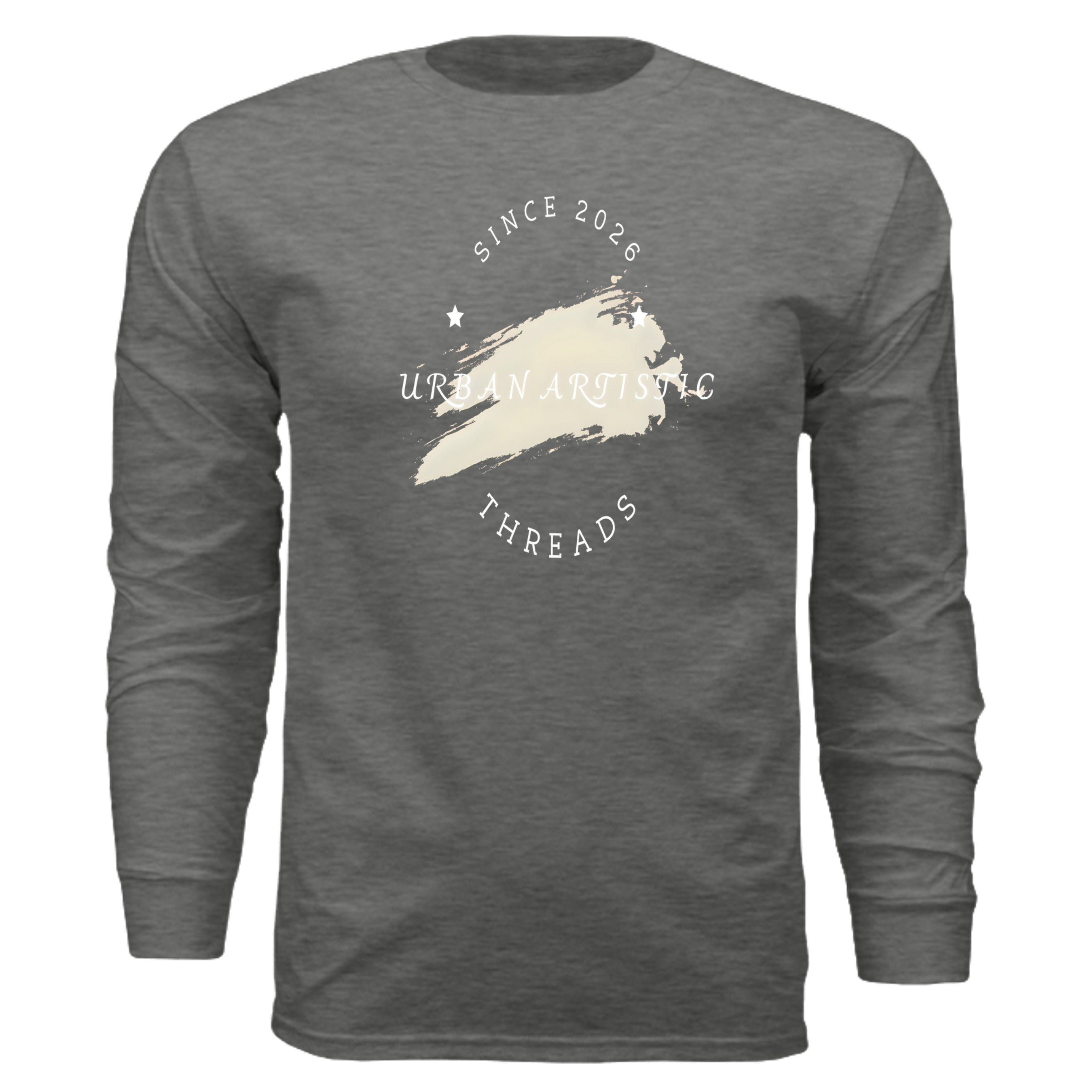 Urban Artistic Threads Foundations long sleeve tee with white signature logo and brush stroke on gray fabric