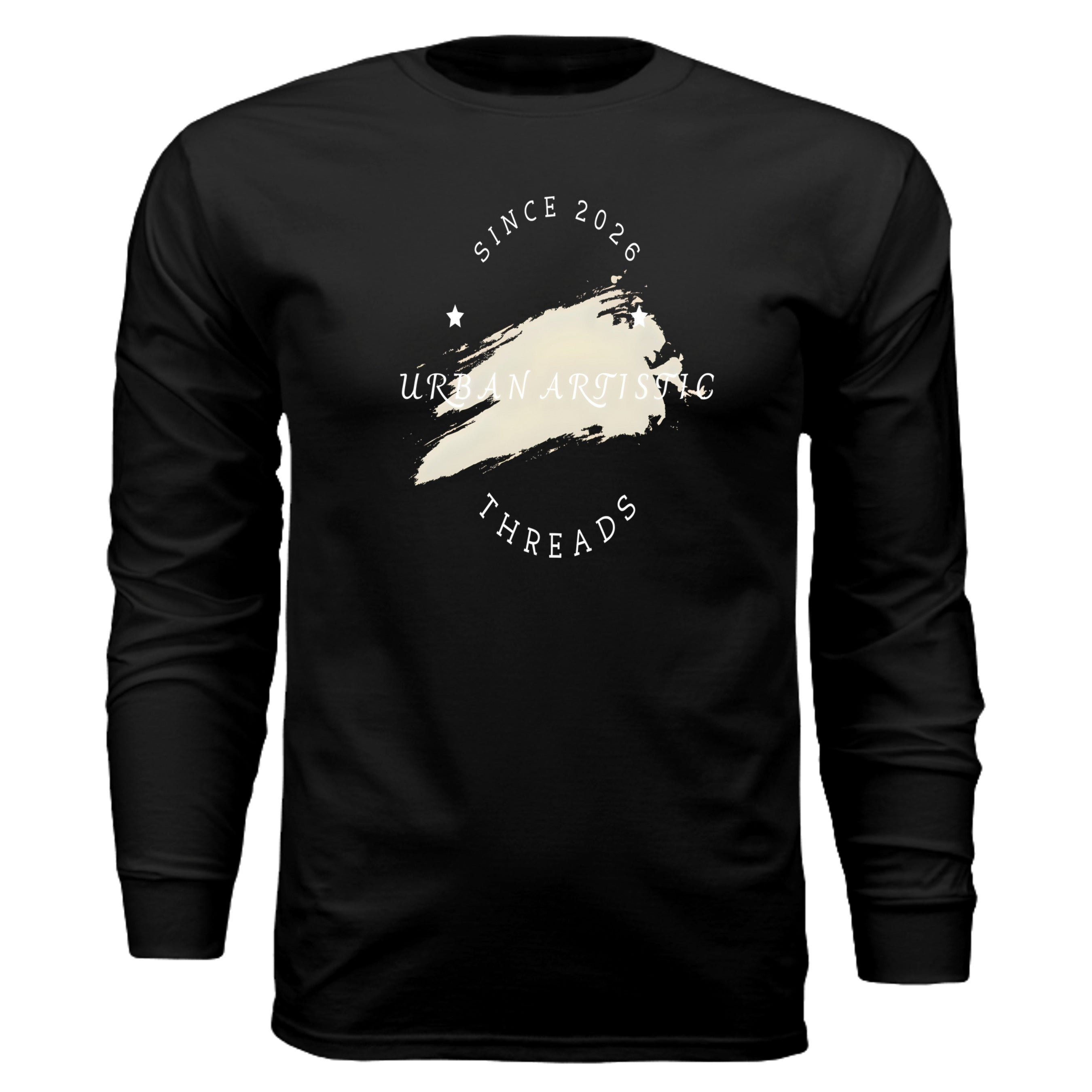 Urban Artistic Threads Signature Logo Long Sleeve Tee on black with white text and brushstroke design.