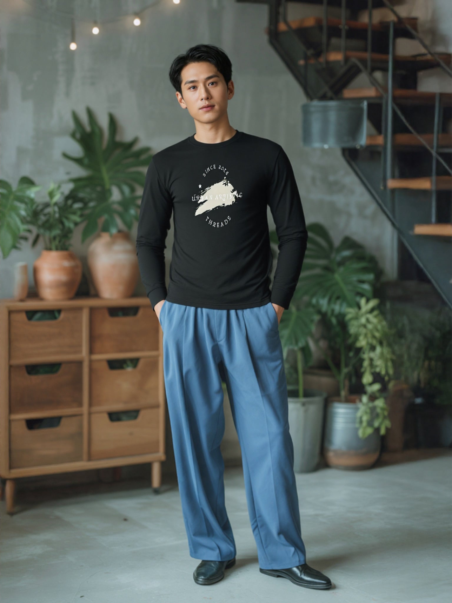 Male model wearing black long-sleeve tee with white circular logo, Urban Artistic Threads Signature Logo Long Sleeve.