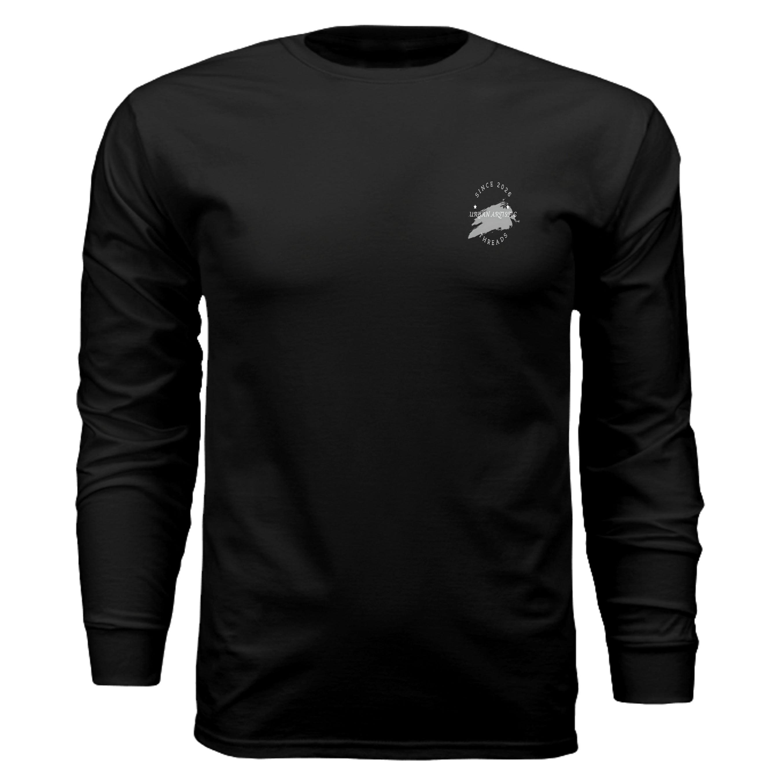 Urban Artistic Threads signature logo long sleeve tee with white chest circular logo on black fabric.