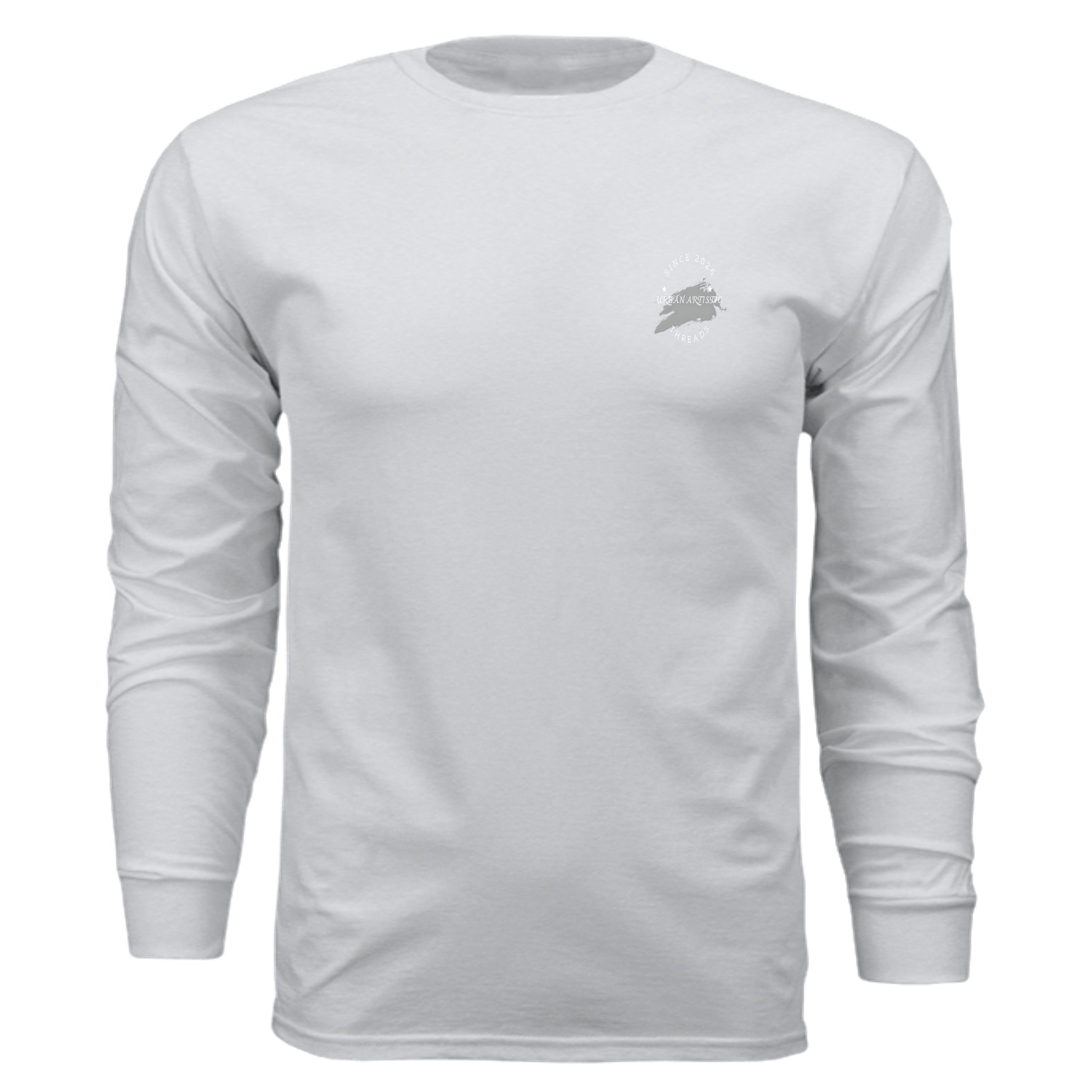 White long-sleeve tee with a small circular brush-stroke logo on the chest reading Urban Artistic Threads.