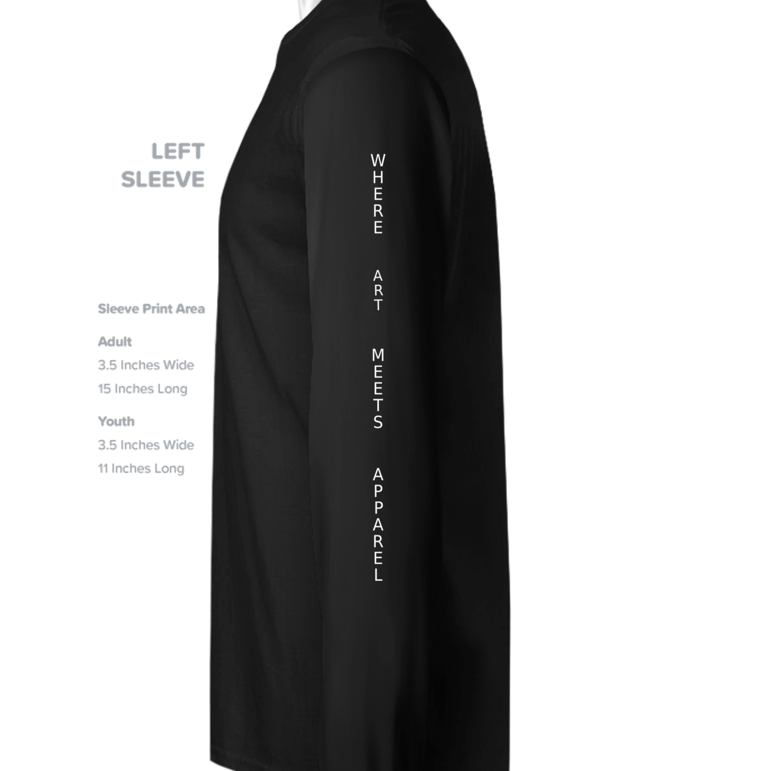 Black long-sleeve tee with vertical white 'WHERE ART MEETS' logo along the left sleeve.