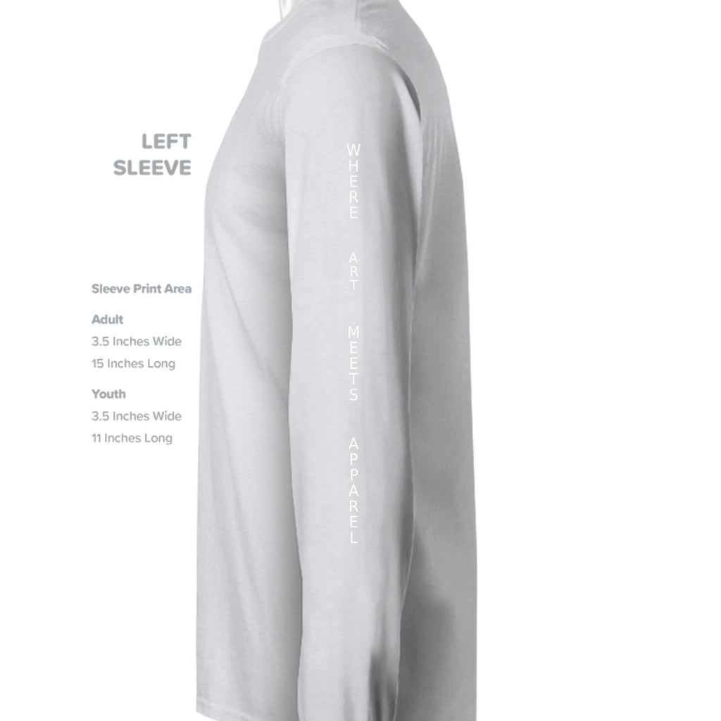 Urban Artistic Threads white long-sleeve tee with vertical signature text down the sleeve.