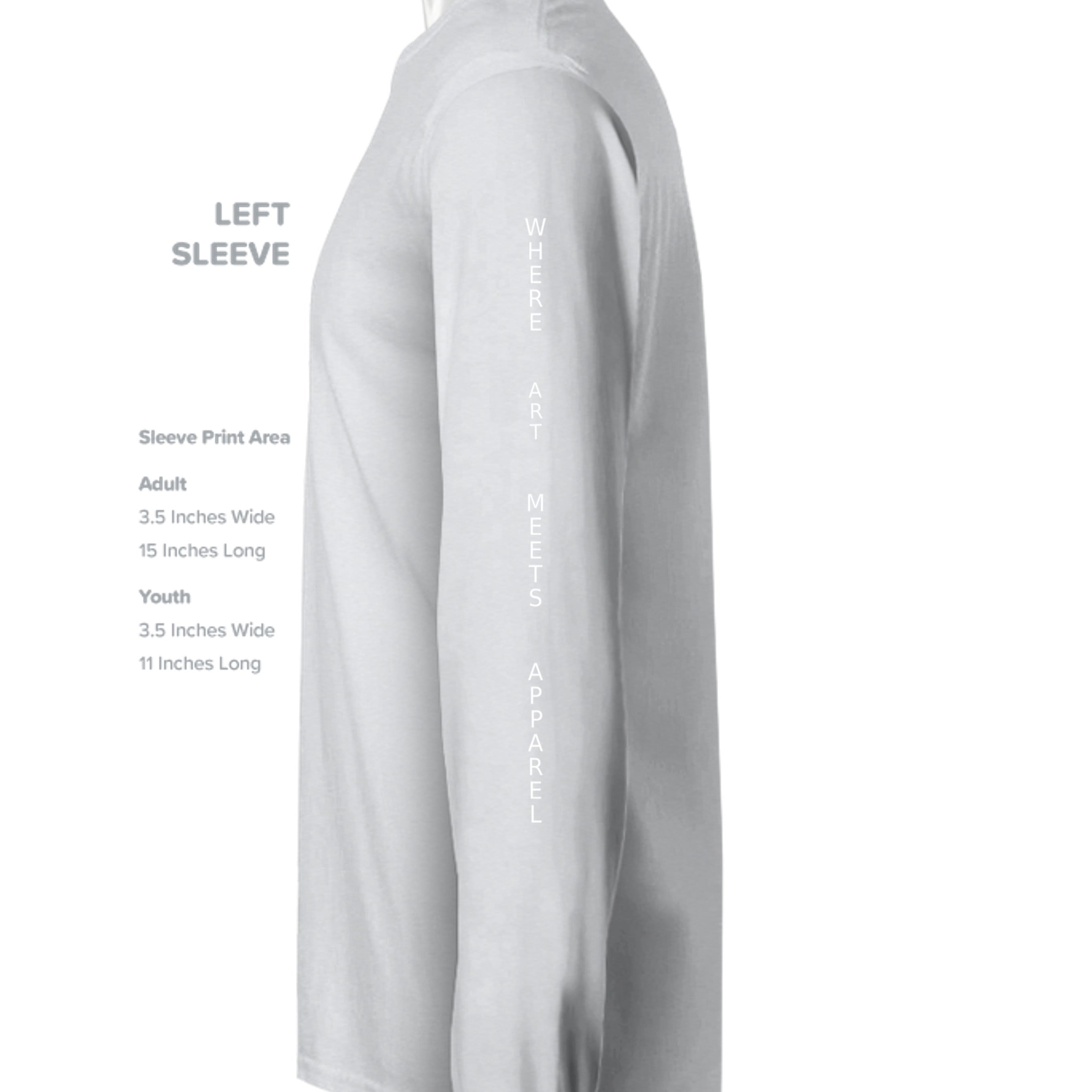 Urban Artistic Threads white long-sleeve tee with vertical signature text down the sleeve.