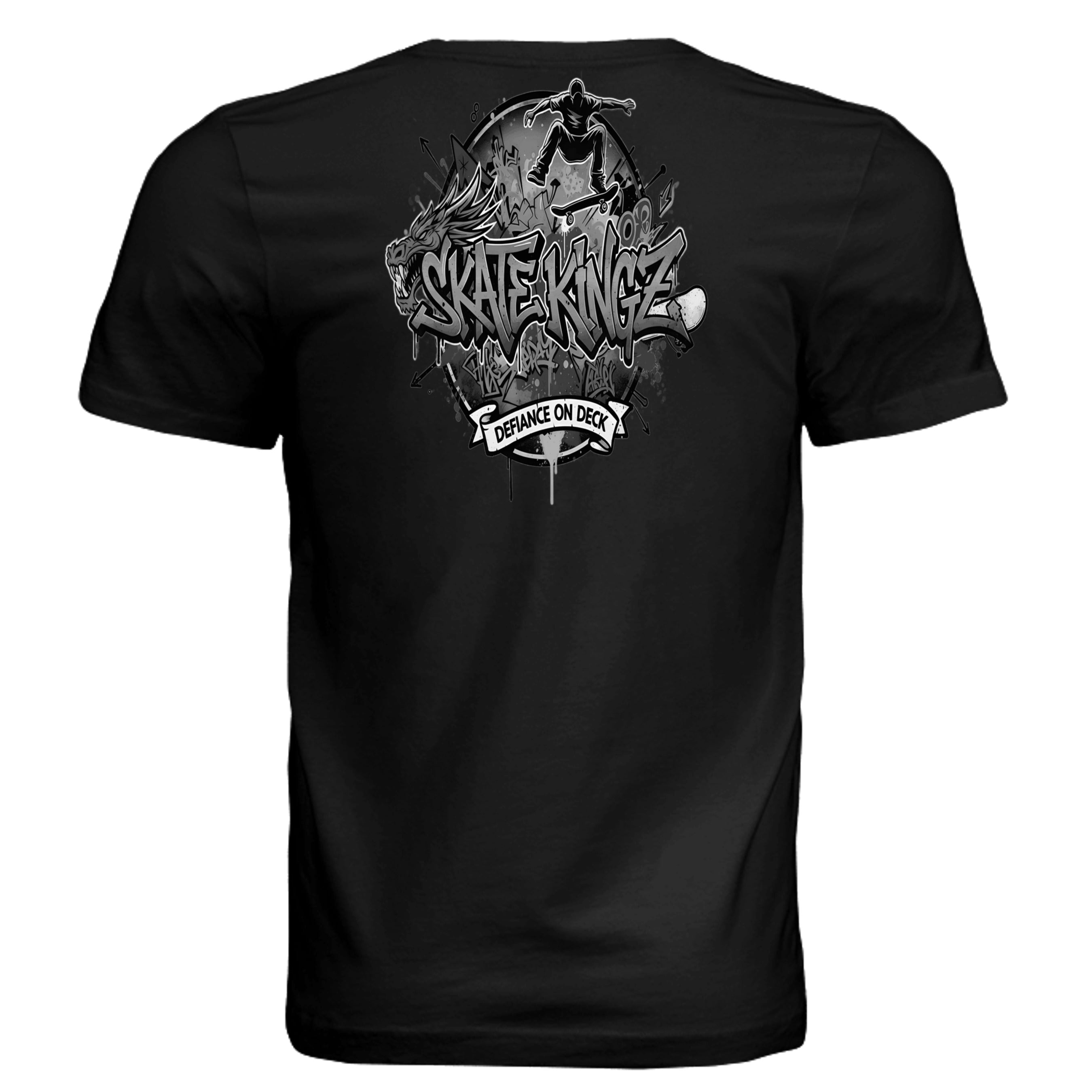 Skatekingz black skateboard tee with back art of a skater over a dragon and Defiance on Deck banner.