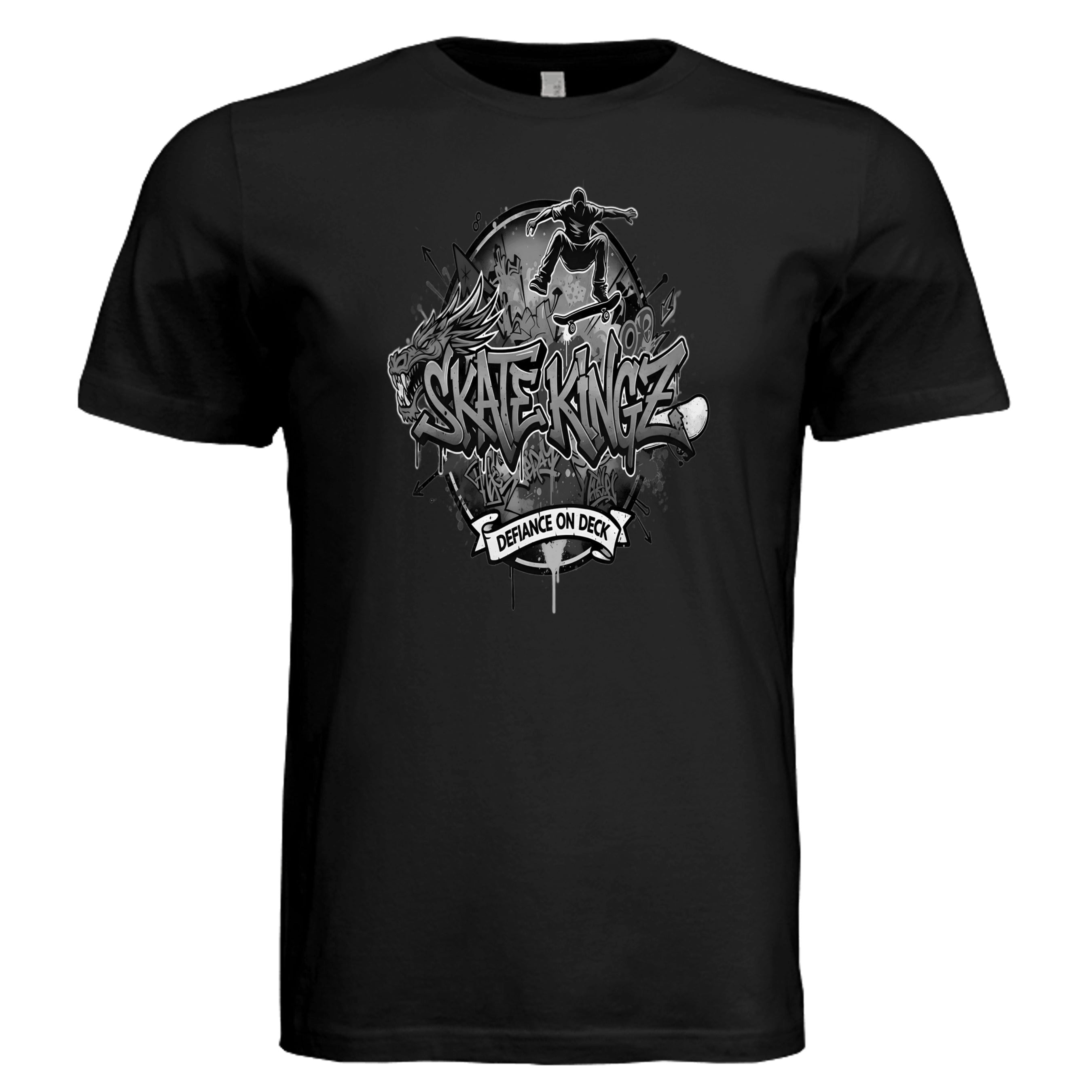 Skatekingz Black Skateboard Tee with grayscale graffiti artwork featuring a skater and Defiance on Deck banner.