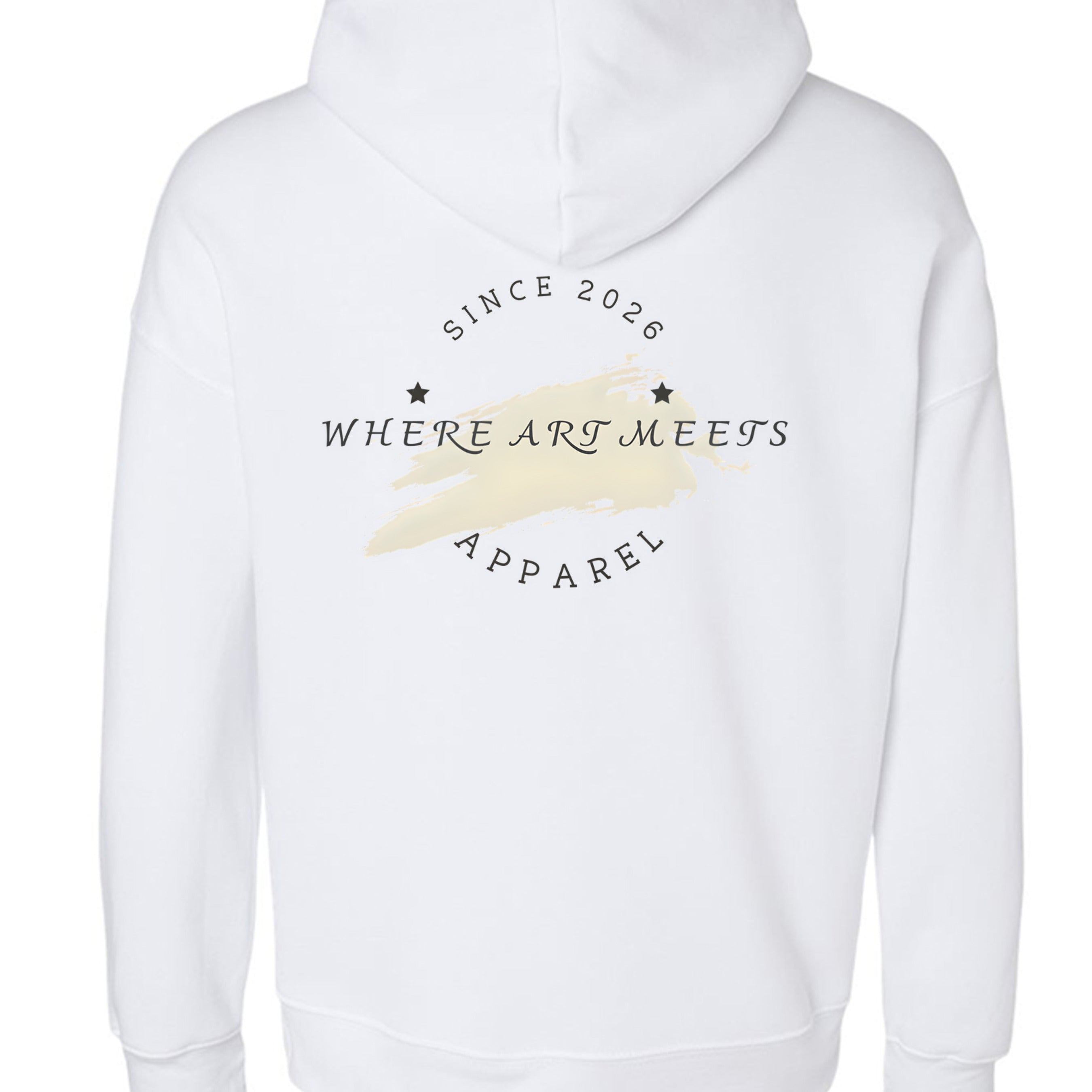 Urban Artistic Threads Hoodie for City Life Streetwear white hoodie with circular text and paint splash on back.